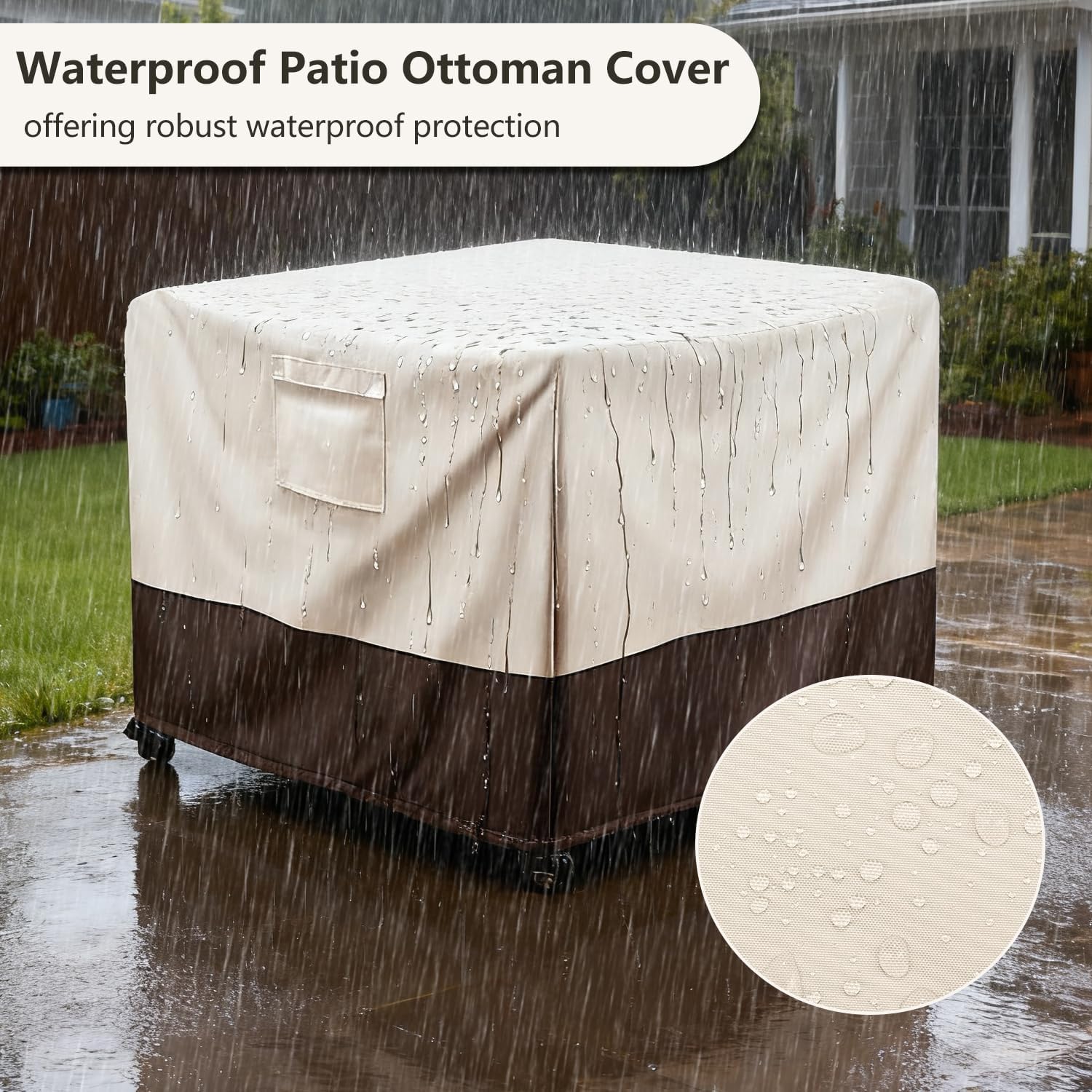 Patio Ottoman Cover Waterproof Patio Wicker Side Table Cover, 25W x 25D x 18H Inches Outdoor Lawn Patio Furniture Covers, Beige
