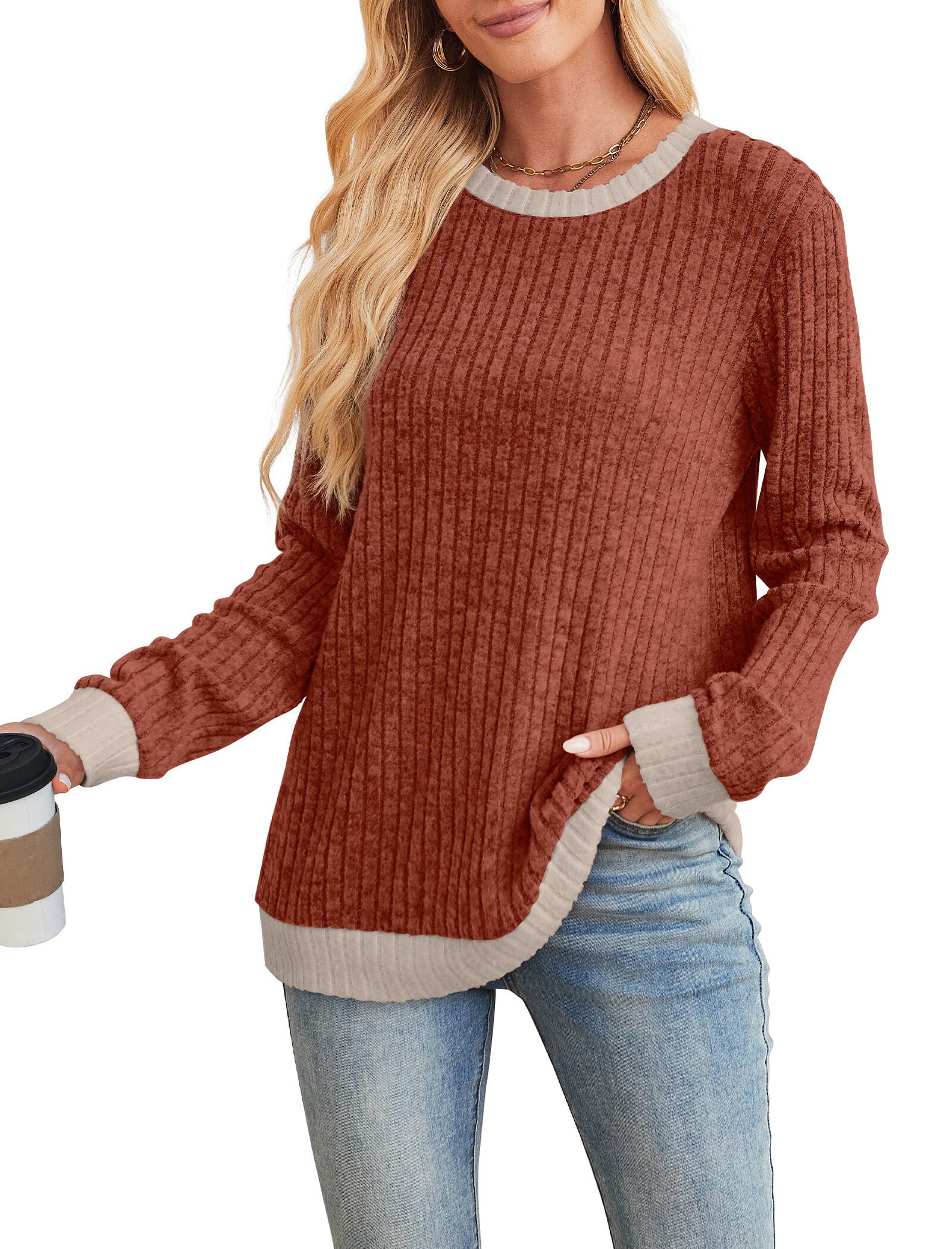 Sampeel Womens Tops Long Sleeve Shirts Lightweight Sweaters Loose Fit Crewneck Color Block Fall Fashion Outfits