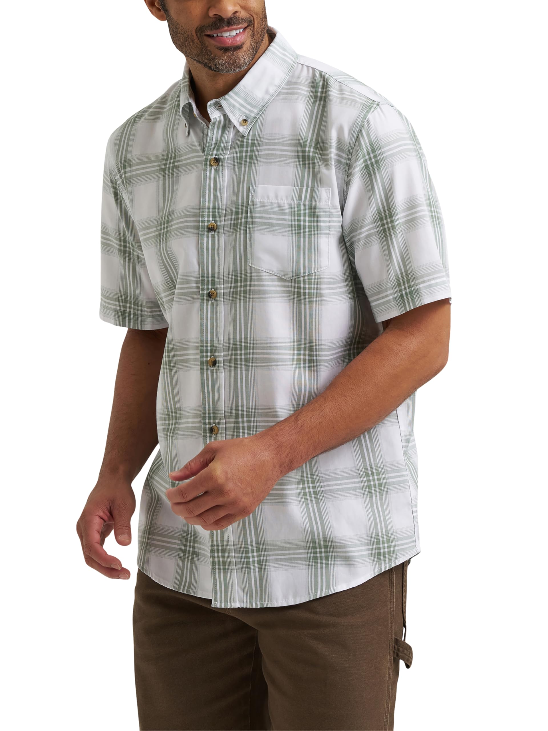 Wrangler Authentics Men's Short Sleeve Classic Plaid Shirt, Sea Spray Plaid, Large