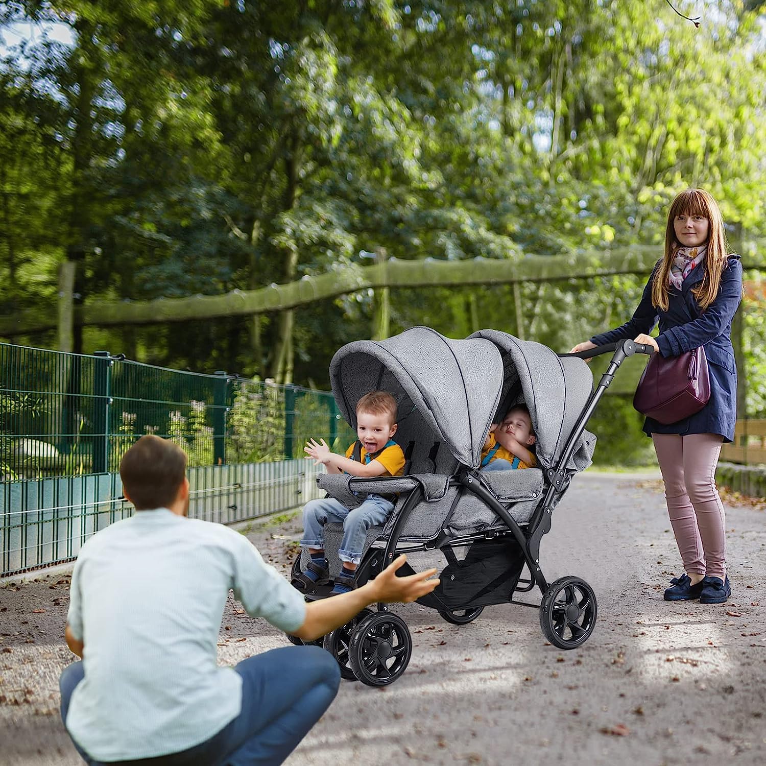 RELAX4LIFE Poussette Double pour Jumeaux Pliable 0 à 36 Mois | Poussette Canne de Bébé avec Capote, Charge Max 15 kg, Guidon et Repose-pied Réglables, Dossiers Inclinables