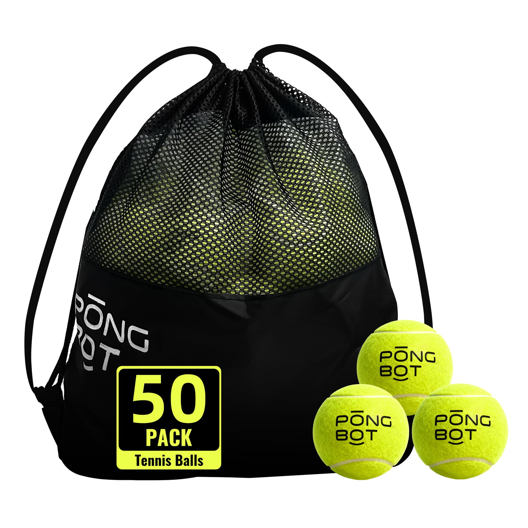 PONGBOT Lot de 50 balles de tennis avec sac, sans pression et haute élasticité pour la pratique, l'exercice, l'entraînement des débutants