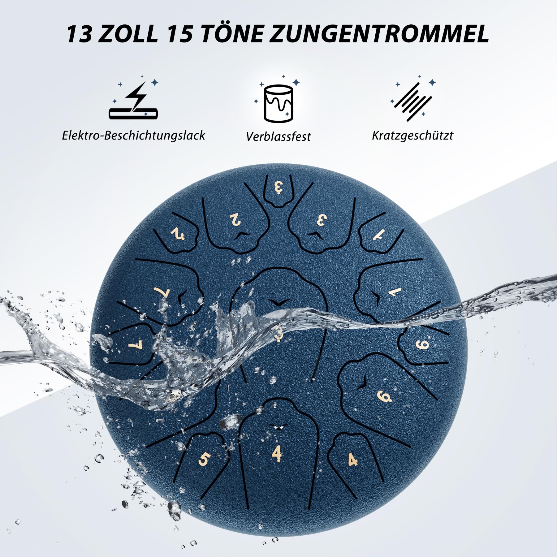 Stahl-Zungentrommel, 33 cm, 15 Töne Zungentrommeln, C-Dur Trommel Perkussionsinstrumente, Handpan-Trommeln mit Musikbuch, Trommelschlägel und Tragetasche (Marineblau)