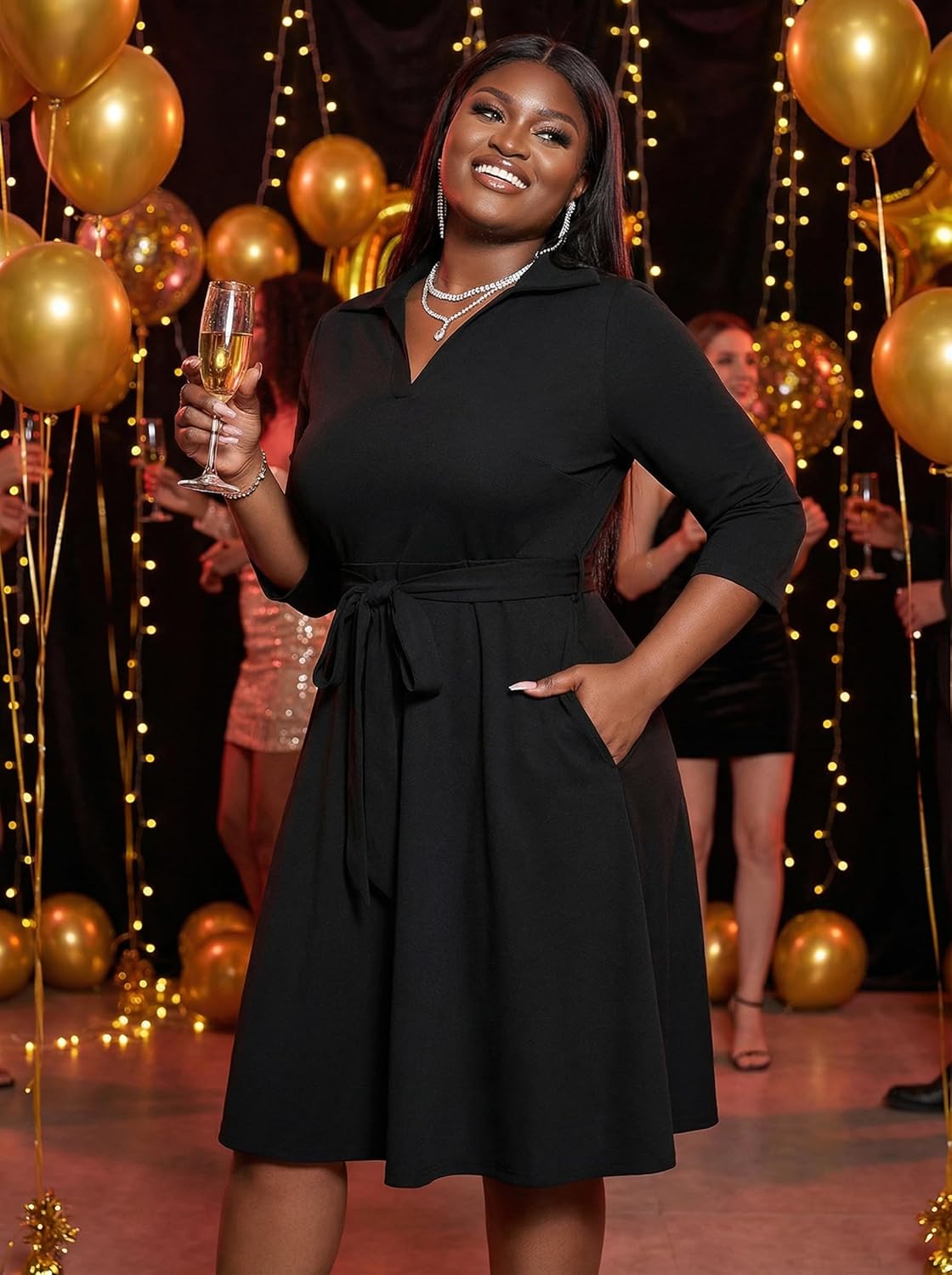 FANDEE Plus Size Midi Dress for Women - Printing Summer Dresses for Wedding Guest Cocktail Party 3/4 Sleeve V Neck（L-5XL） - Image 5