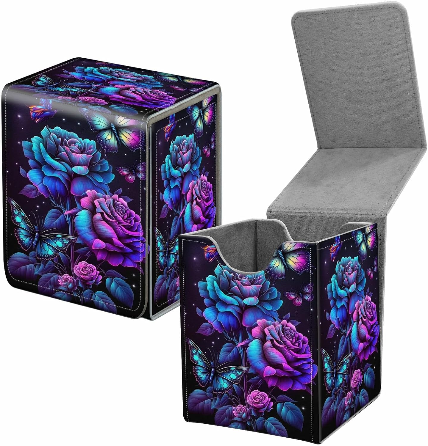 Card Deck Box for Trading Cards, MTG Commander Deck Box Fits 100+ Single Sleeved Cards, Leather Magnetic Card Storage Box for YuGiOh TCG CCG Cards, Fox Moon Trippy Animal Floral