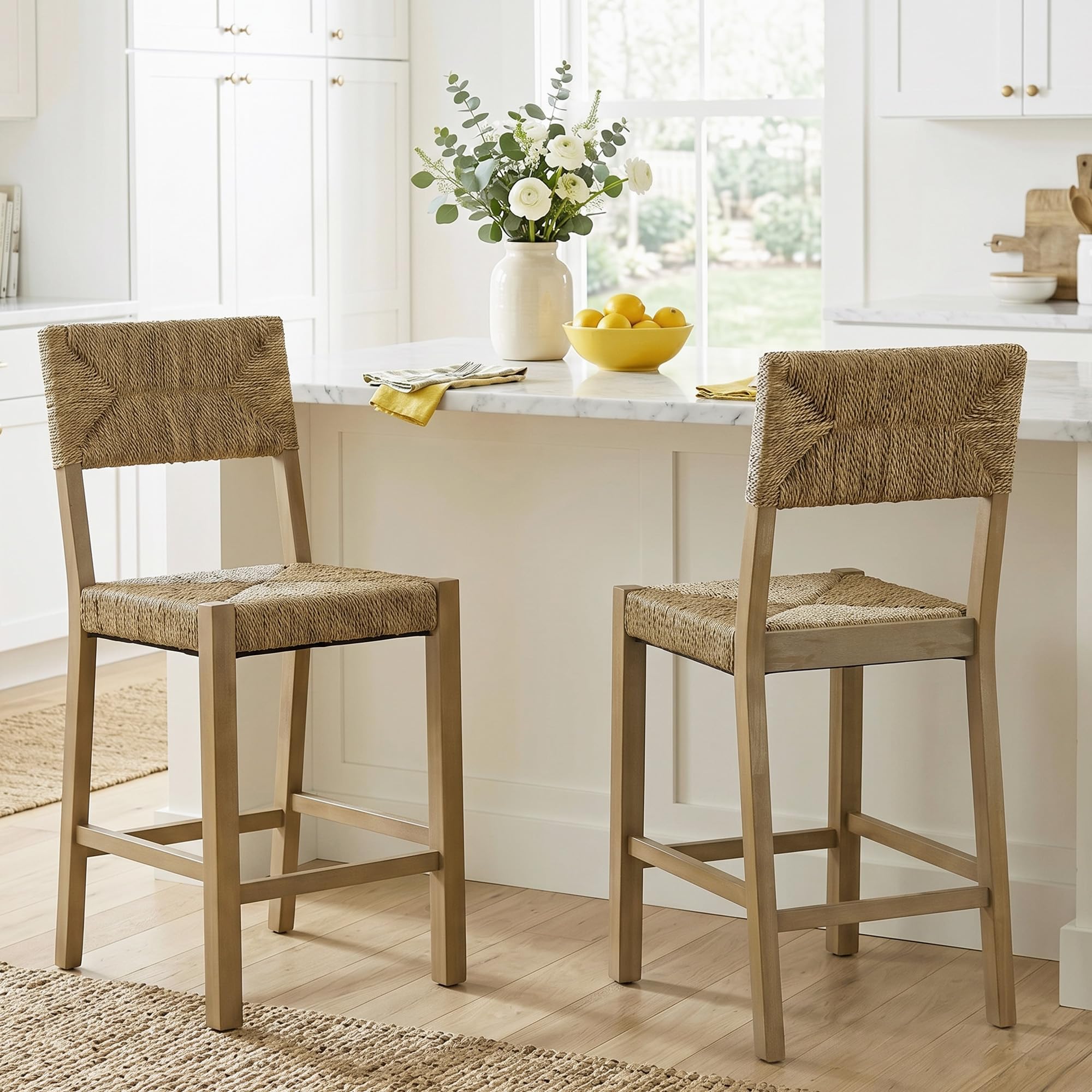 DUHOME pair of brown wooden bar stools with natural paper rope woven seats and backs