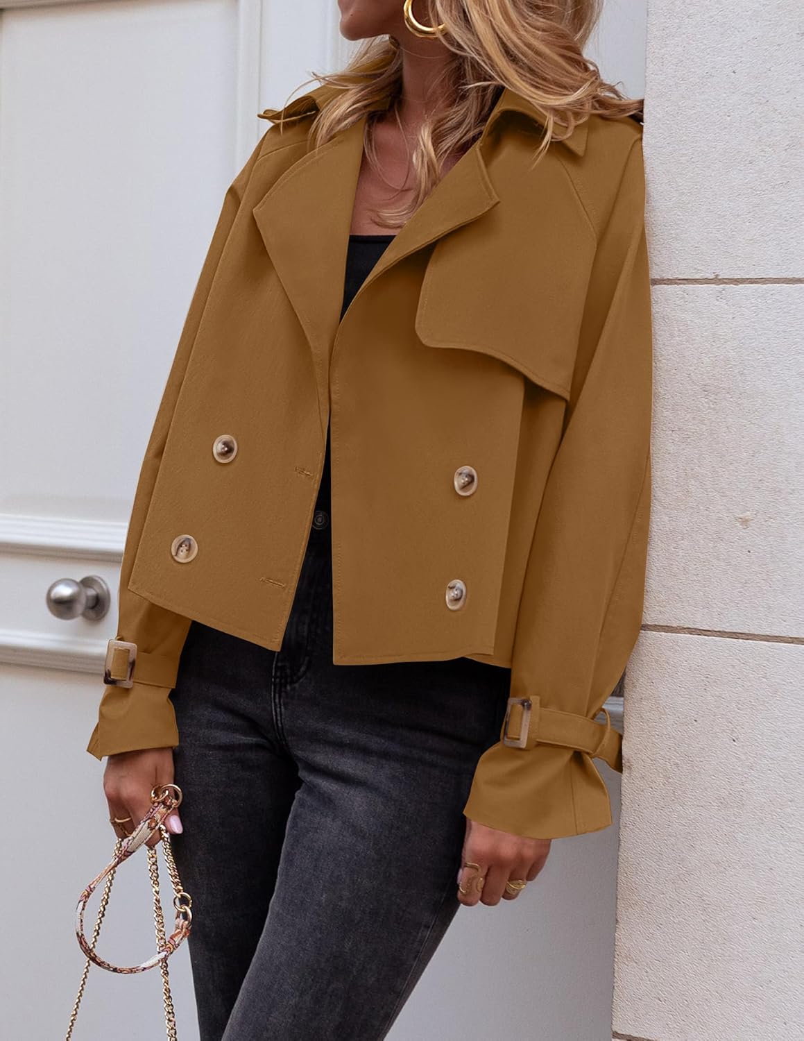 ZESICA Womens Long Sleeve Crop Trench Coat Lapel Double Breasted Loose Casual Jacket with Pockets - Image 5