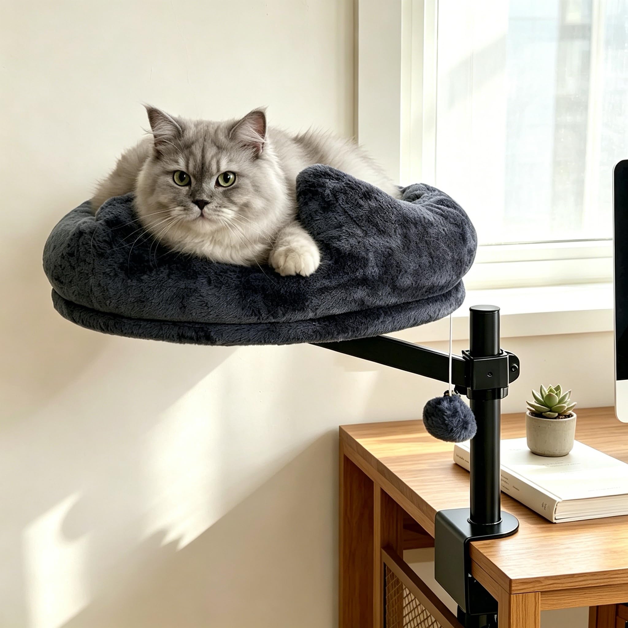 Katzenbett Schreibtisch, 360° Drehung Hängebett für Katzen Bohrfrei & Höhenverstellbar, Katzenhängematte Katzenkorb zum schlafen, Hält Kätzchen Katze nah und Arbeitsbereich (Dunkelgrau)