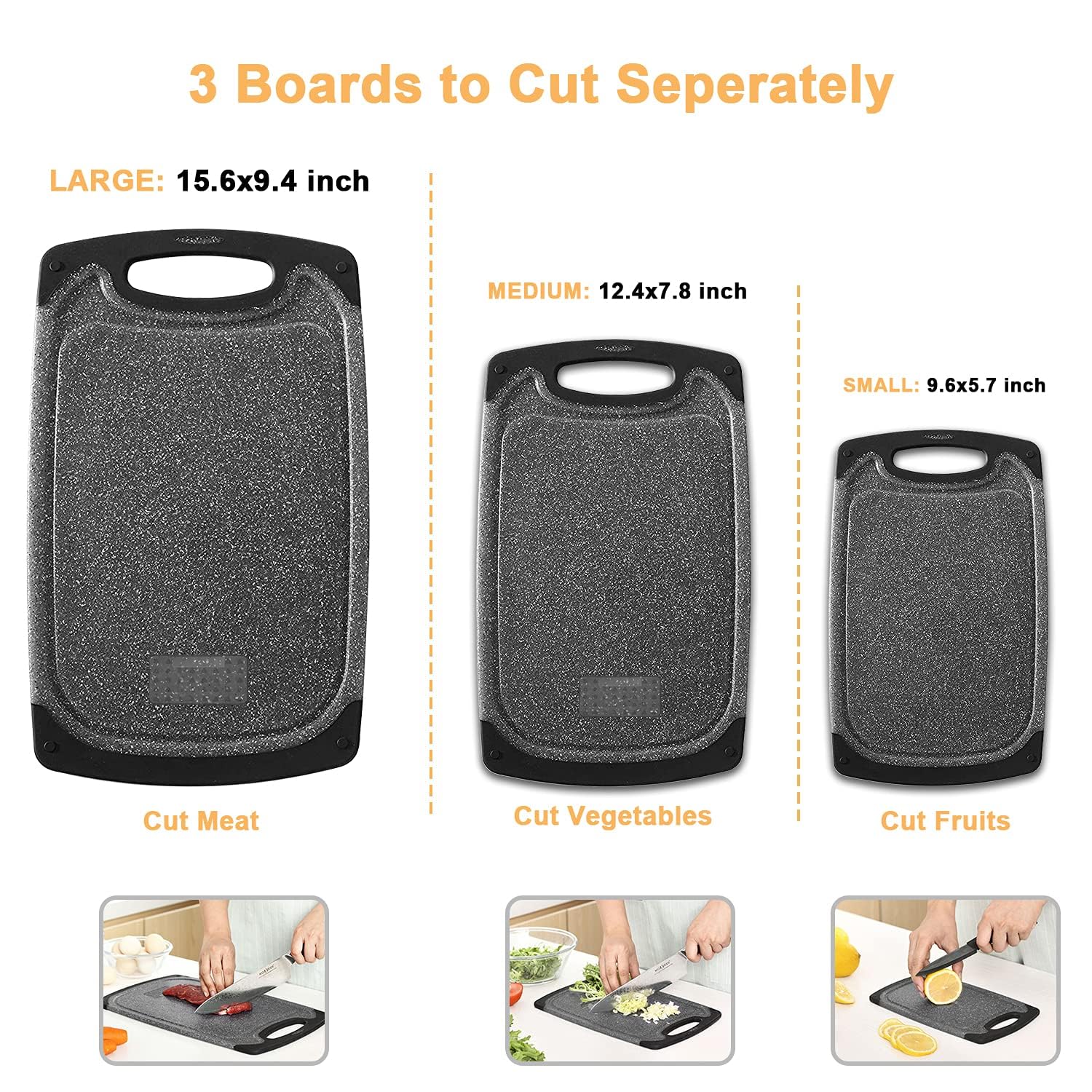 Cutting Boards for Kitchen Large-Small Cutting Board Set of 3, Dishwasher Safe, Juice Groove, Easy Grip Handle - Image 2