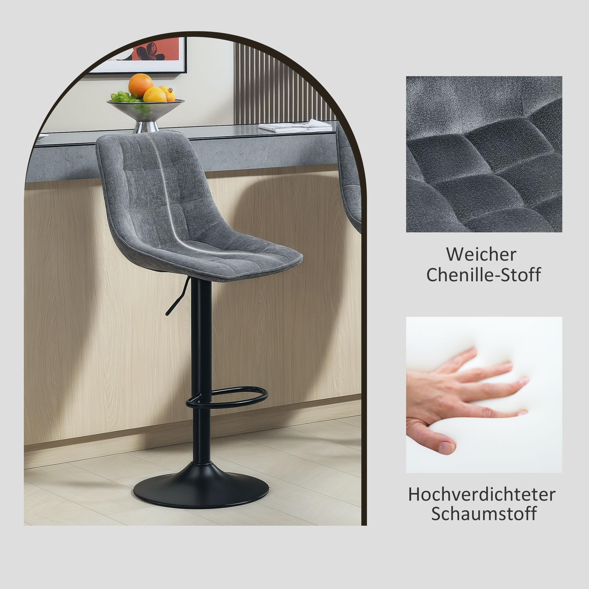 HOMCOM Barhocker 2er-Set, Gepolstert Barstuhl mit Lehne, Stahlgestell, Chenille-Optik, Höhenverstellbare Küchenstühle mit Fußstütze 360° Drehbar Tresenhocker für Küche, Wohnzimmer Dunkelgrau