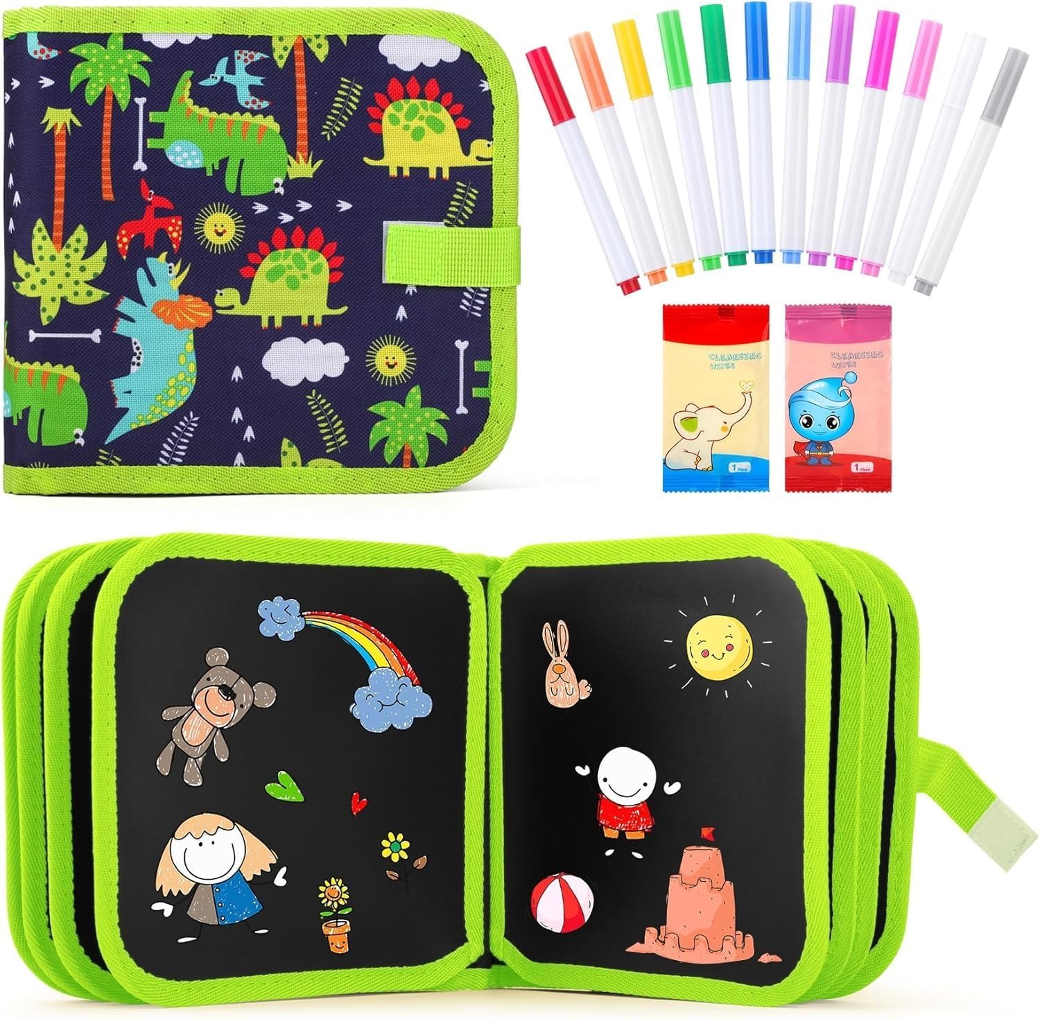 Erasable Doodle Book Set for Kids, Reusable Magic Drawing Book with Watercolor Pens, Road Trip Car Game Writing and Painting Set for Boys and Girls