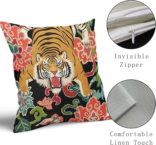 Miniatura 4 de Kawani Chinoiserie - Juego de 2 fundas de almohada de 20 x 20 pulgadas, diseño floral colorido de tigre, fundas de almohada rústicas con estampado