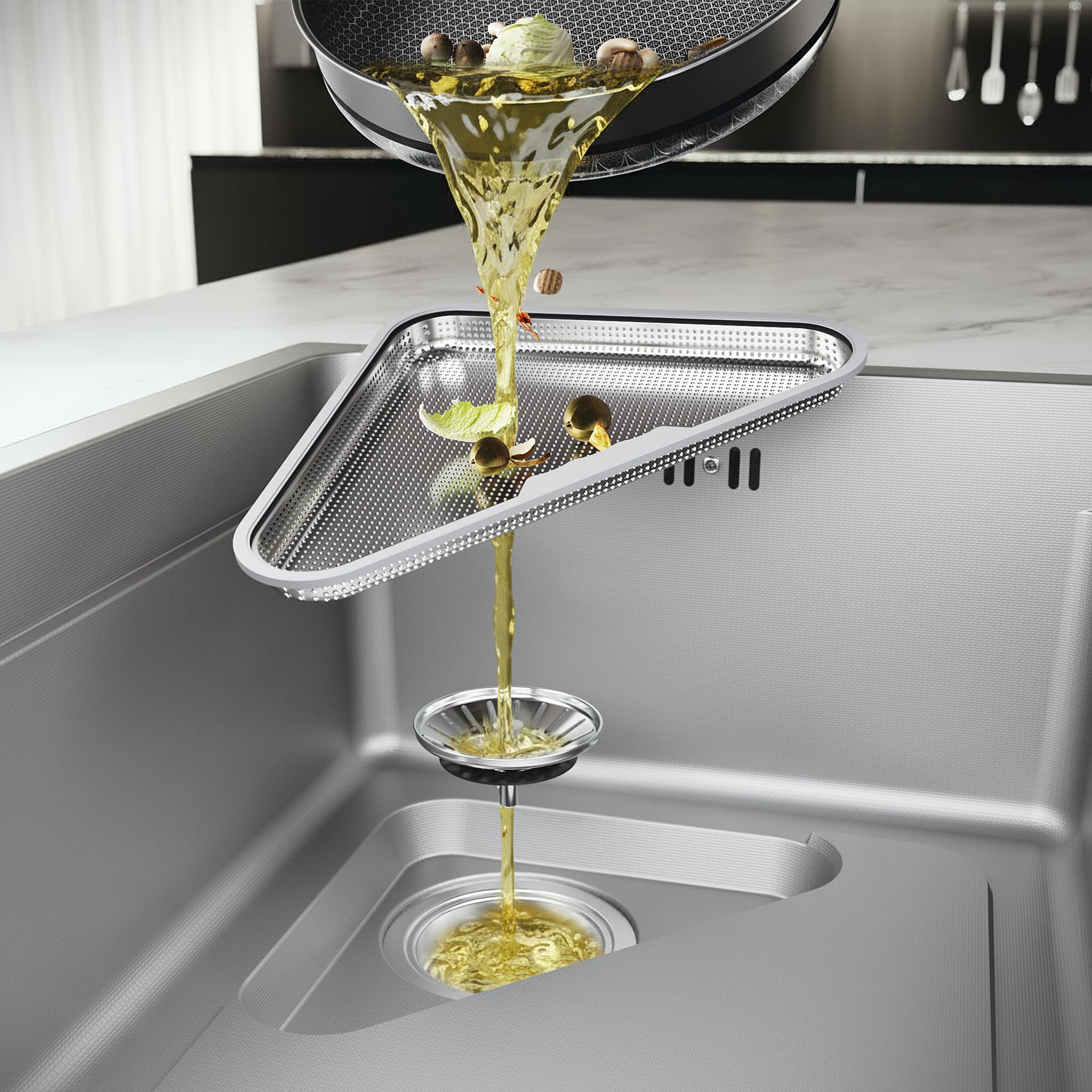 SIRHONA Evier Cuisine en Acier Inoxydable 70x48cm, avec Panier égouttoir, Passoire triangle, Lavabo Cuisine pour Meubles, avec Dernier Siphon et Trop-plein, Argent