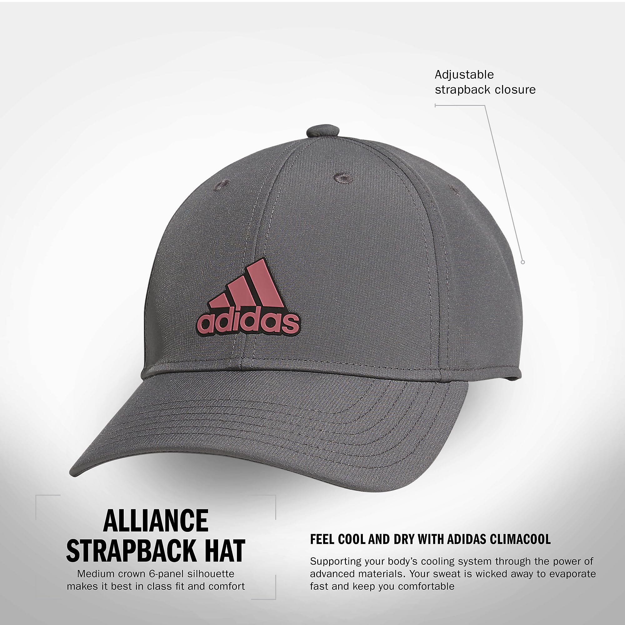 adidas Alliance Medium Crown Structured Adjustable Fit Strapback Hat Baseball, szary/czarny/karmazynowy, jeden rozmiar męski, szary/czarny/karmazynowy, rozmiar uniwersalny