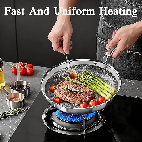 Miniatura 2 de GiPP Sartén de acero inoxidable de tres capas, sartenes híbridas de 12 pulgadas, antiadherentes, aptas para lavavajillas y horno, listas para