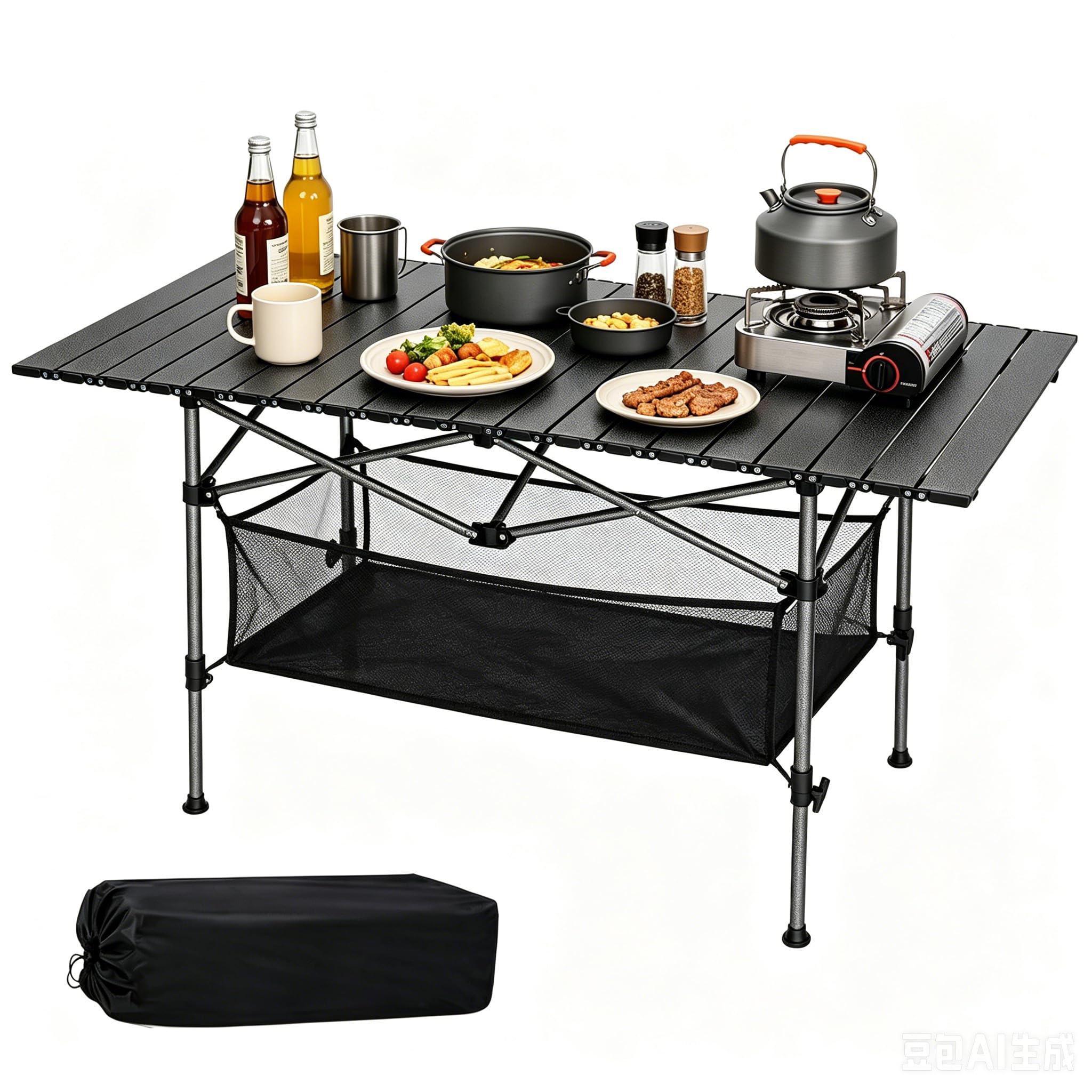 Axelrivet Carbon Steel Folding Camping Table, 120cm Large Roll-Up Picnic Table for 5-7 People 130 LBS Heavy Duty Heat & Scratch Resistant Outdoor Barbecue Table with Carry Bag for BBQ, Beach, RV