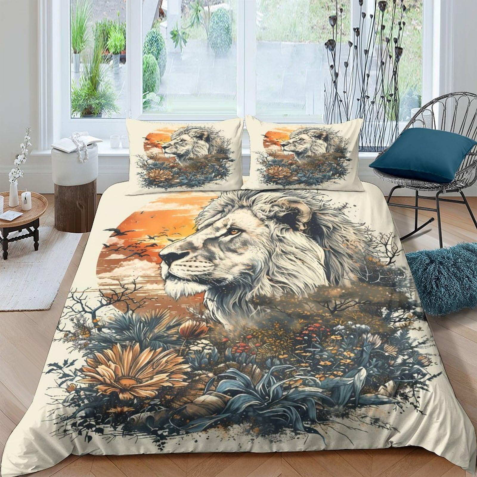Ctjqhvkz Style-2 3D Printed Lion Sunset Fitted Sheet Microfiber Durable African Savannah Bed Cover For Bedroom Guest Room Decor Single（135X200cm）
