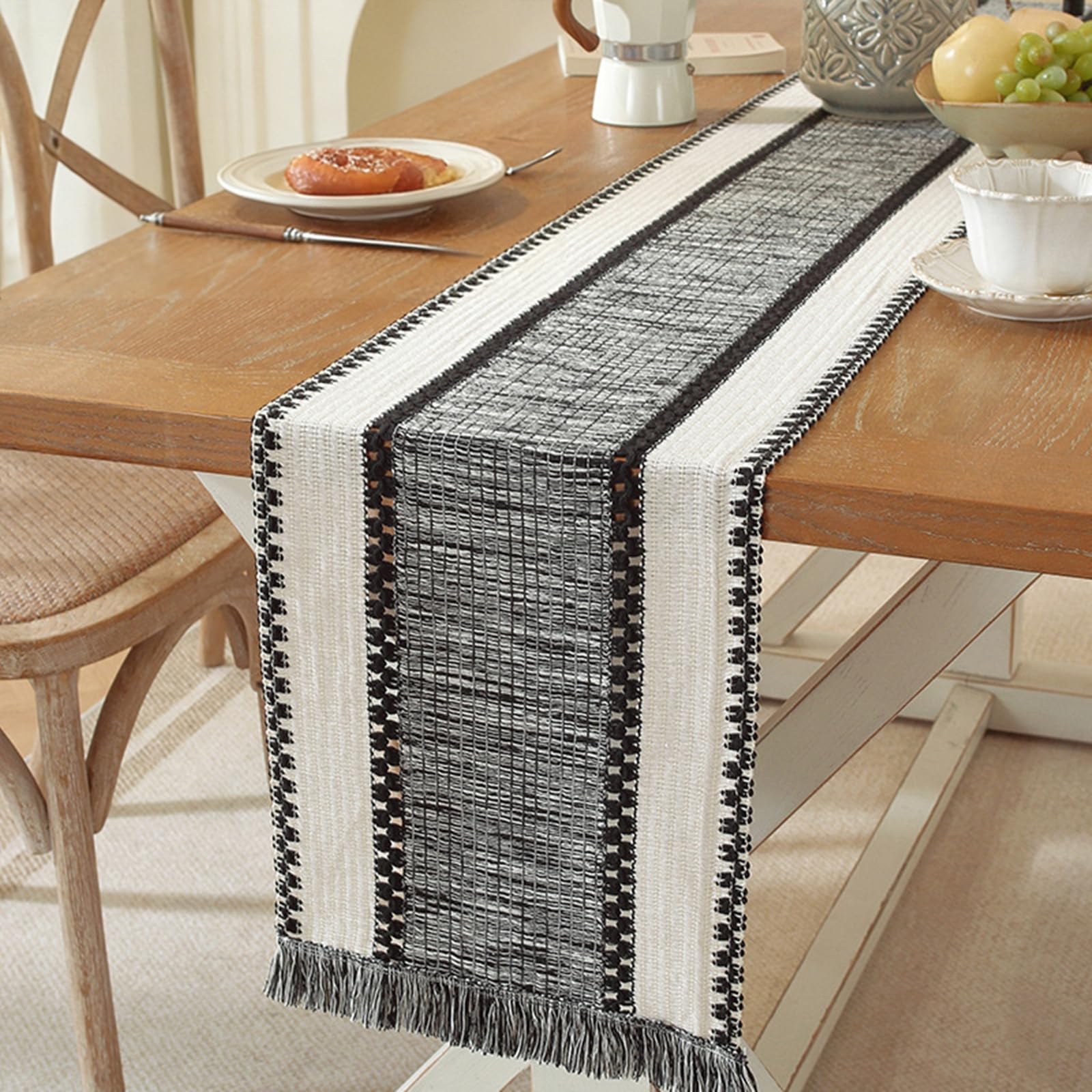Beige Schwarz Tischläufer Polyester, Makramee Boho Tischläufer Esstisch Abwaschbar Einfache Gewebter Gestreift Muster mit Quasten Tischdecke für Küche Dekor, 30x210 cm, Beige Schwarz