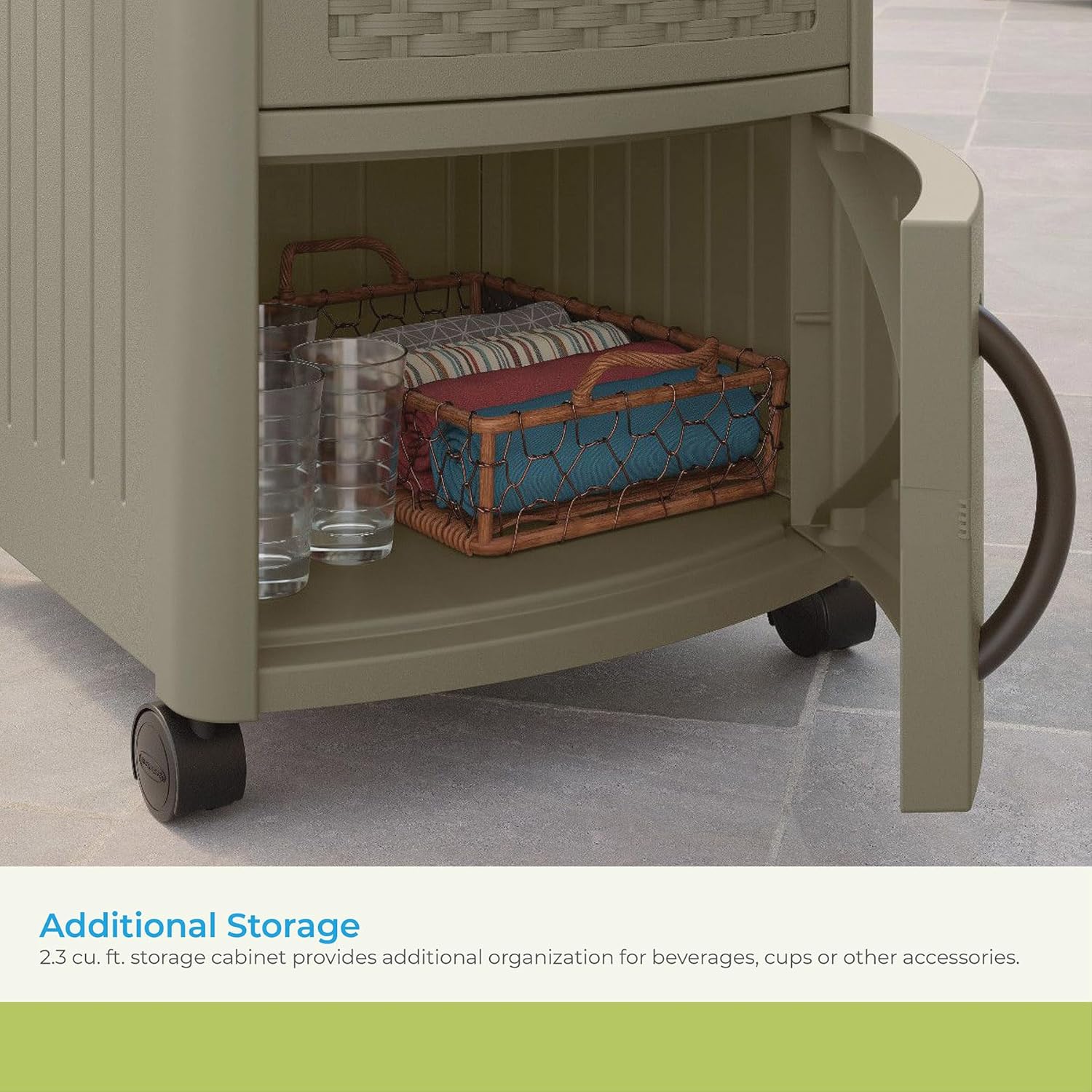 Open lower storage cabinet with items inside