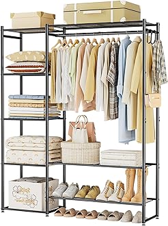 Neprock Wardrobe Closet, Portable Clothing Rack for Hanging Clothes, Free Standing Closet Organizers and Storage System with 4 Tiers Shelves for Cloakroom Bedroom, Black