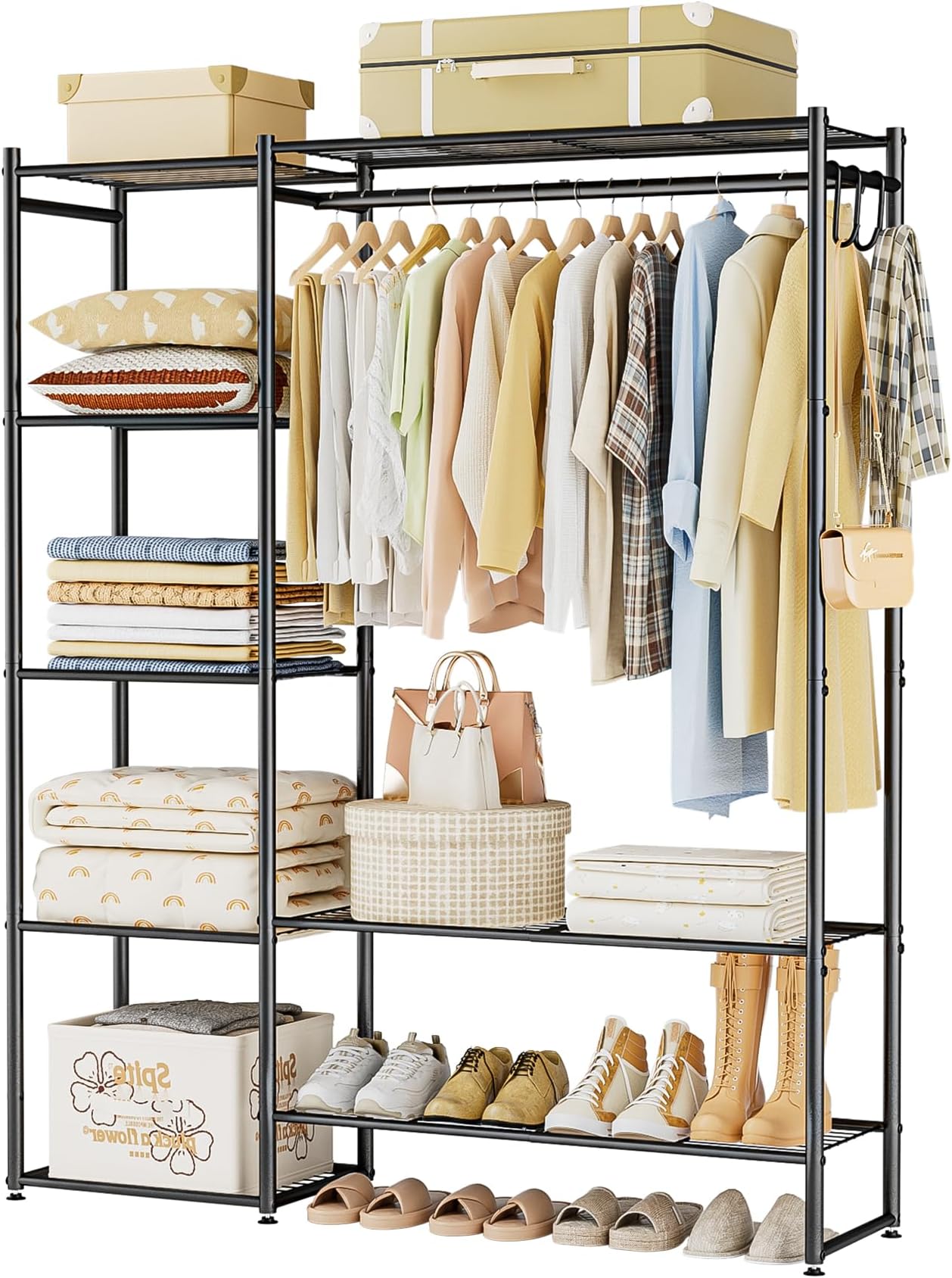 Neprock Clothes Rails for Bedroom, FreeStanding Open Wardrobe Closet with Hanging Rail, 4 Storage Shelves, 3 Hooks and 2 Bottom Shelves, Portable Metal Clothing Rack for Shoe and Clothes Storage,Black