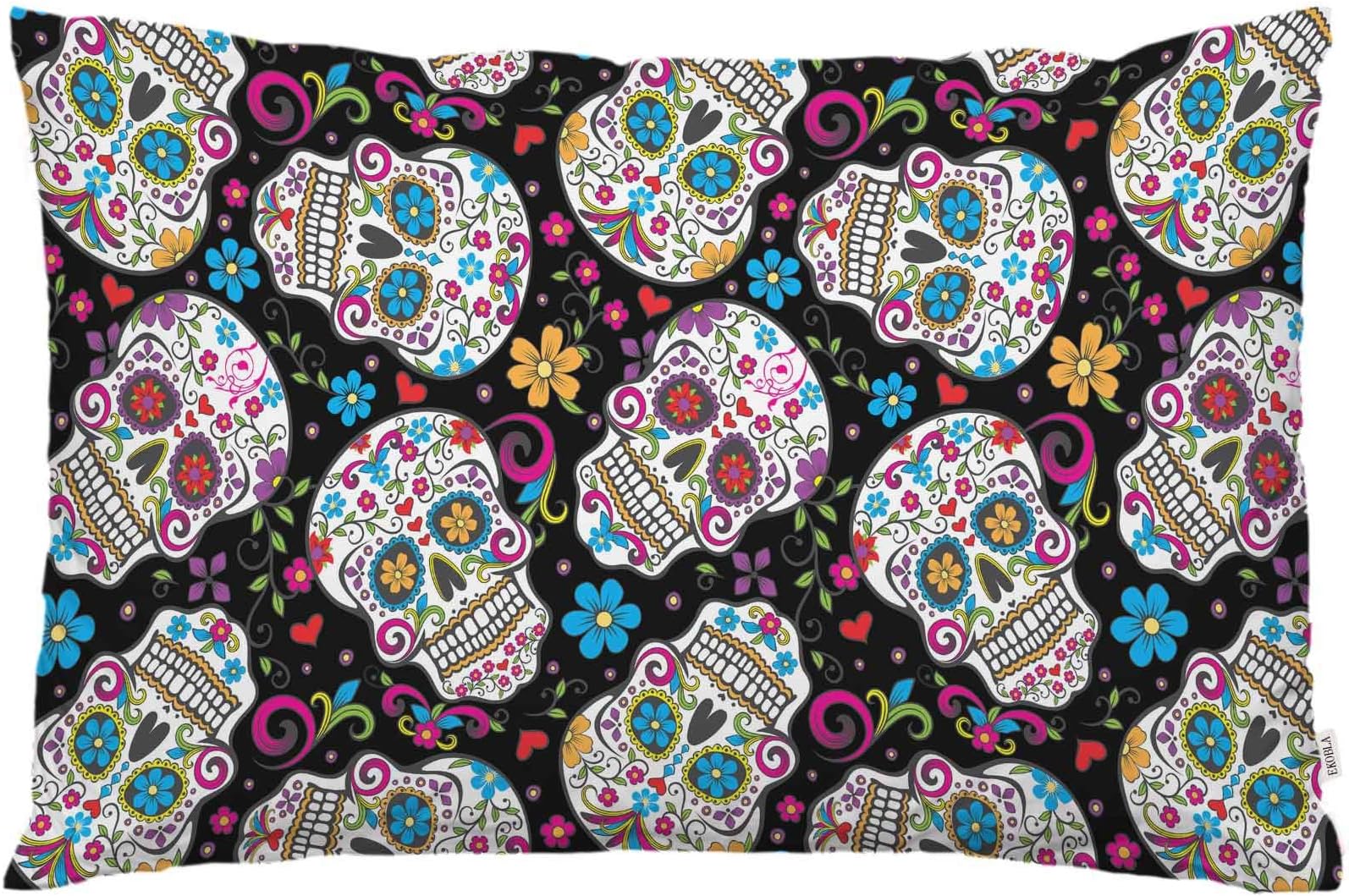 EKOBLA Throw Pillow Cover Day of The Dead Skull Pattern Victorian Gothic Skull Colorful Flowers Black Background Decor Lumbar Pillow Case Cushion for Sofa Couch Bed Standard Queen Size 20x30 Inch