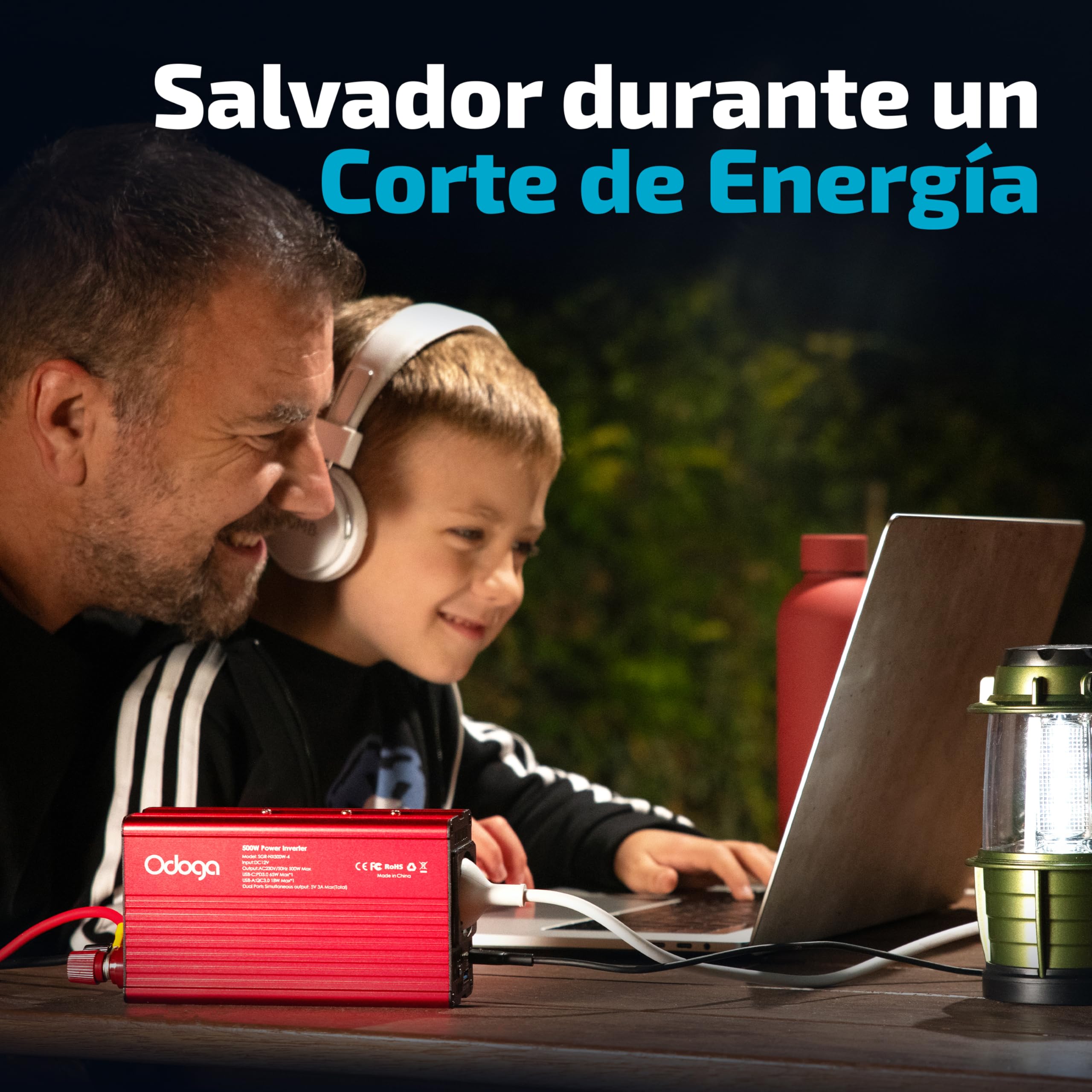 Odoga Inversor 12v 220v – Transformador 500W, Convertidor con Puertos USB-A y USB-C de 3A – Adaptador Mechero Coche a Enchufe – Cargue Sus Dispositivos en Autocaravanas, Camper Furgoneta y Coche — view 7