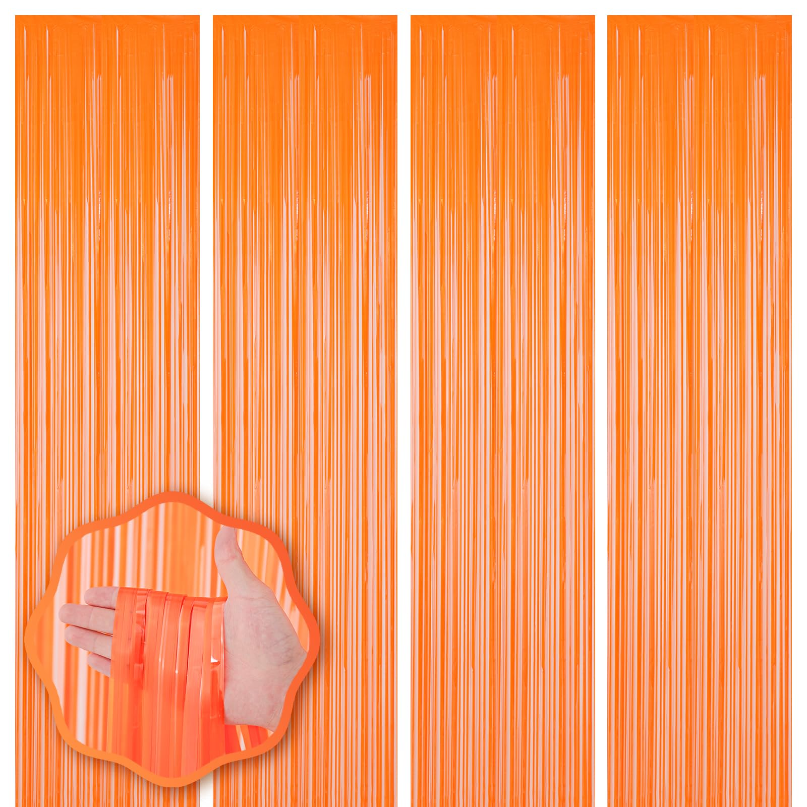 Voircoloria 4 Pack Orange Foil Fringe Backdrop Curtains, Tinsel Streamers Birthday Party Decorations, Fringe Backdrop for Graduation, Baby Shower, Gender Reveal, Disco Party