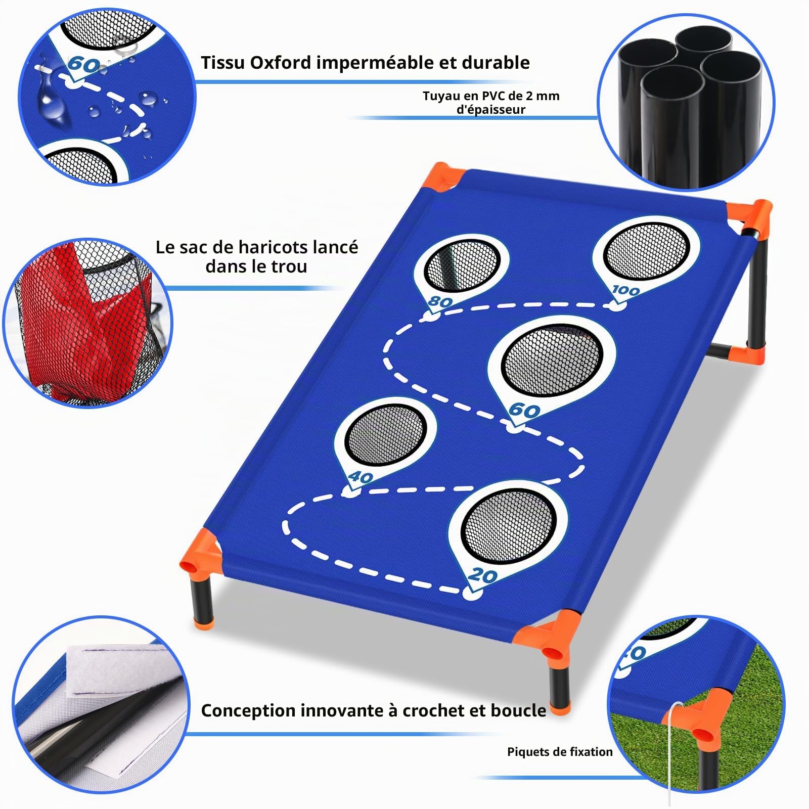 Jeu de Cornhole Portable Sacs de Cornhole d'extérieur avec Cadre en PVC et Cinq Trous pour marquer des Points pour Enfants/Adultes, Jardin, pelouse, Jeux de Plage, Camping, Jeux de Plage