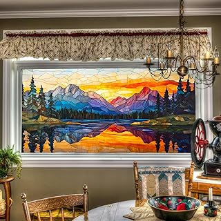 HOMETITUTE Window Film 39.3x17.7 Inches Stained Glass Style Mountain Lake Scene Decoration for Home Office Glass Decor Seasonal Decor Decorative Window Film Indoor Decoration