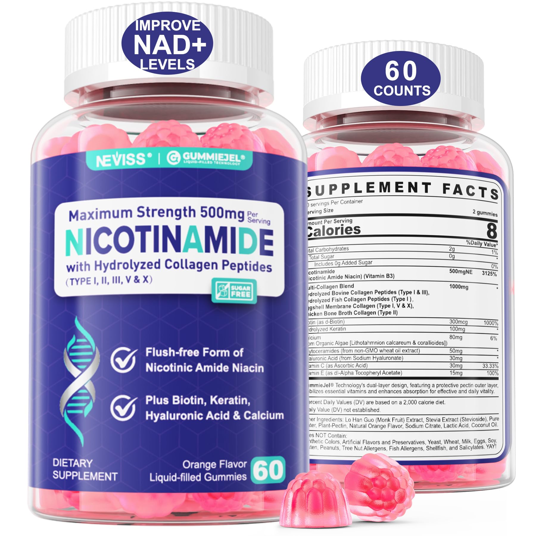 Nicotinamide 500mg Gummies, Niacinamide Supplement + Collagen Peptides,60Ct 60 Count (Pack of 1)