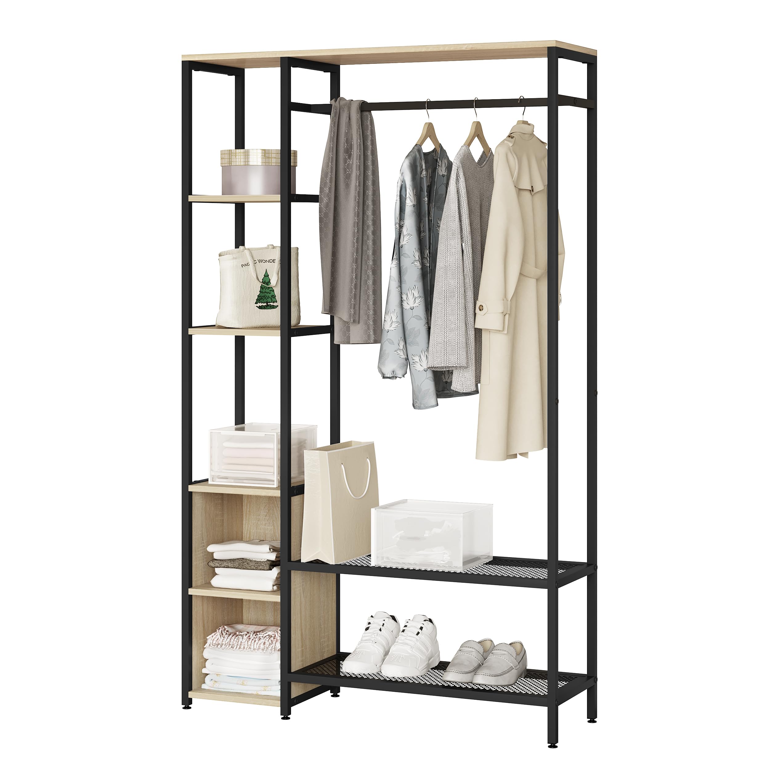 eSituro Perchero Ropa con Zapatero, 2 Estantes, 2 Compartimentos Abiertos y Barra de Colgar, para Entrada Recibidor, Madera+Metal, Roble Claro+Negro