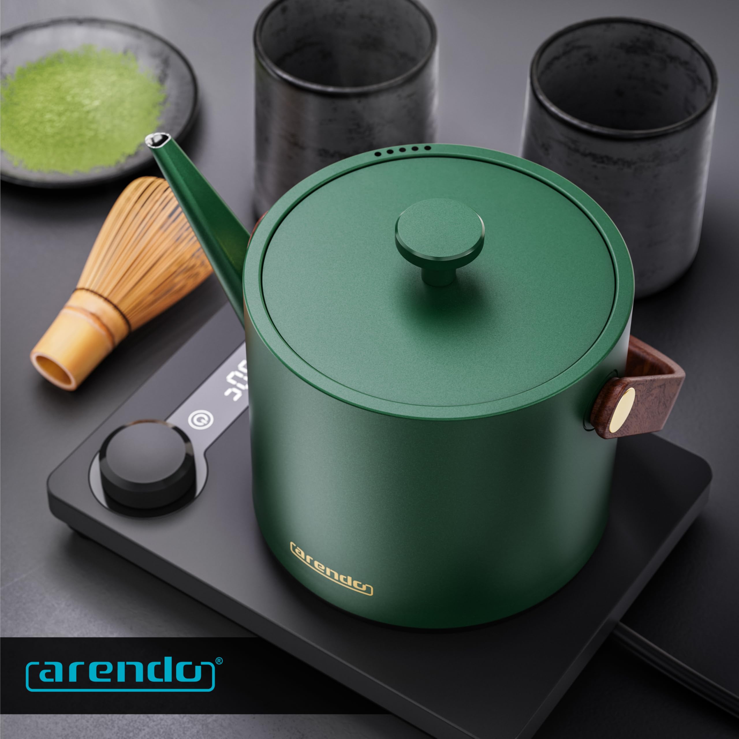 Arendo - Edelstahl Wasserkocher mit Temperatureinstellung 40-100 Grad - digitale Basis - 0,6 Liter - Teekocher mit Temperaturanzeige - BPA frei - Warmhaltefunktion - schwarz grün