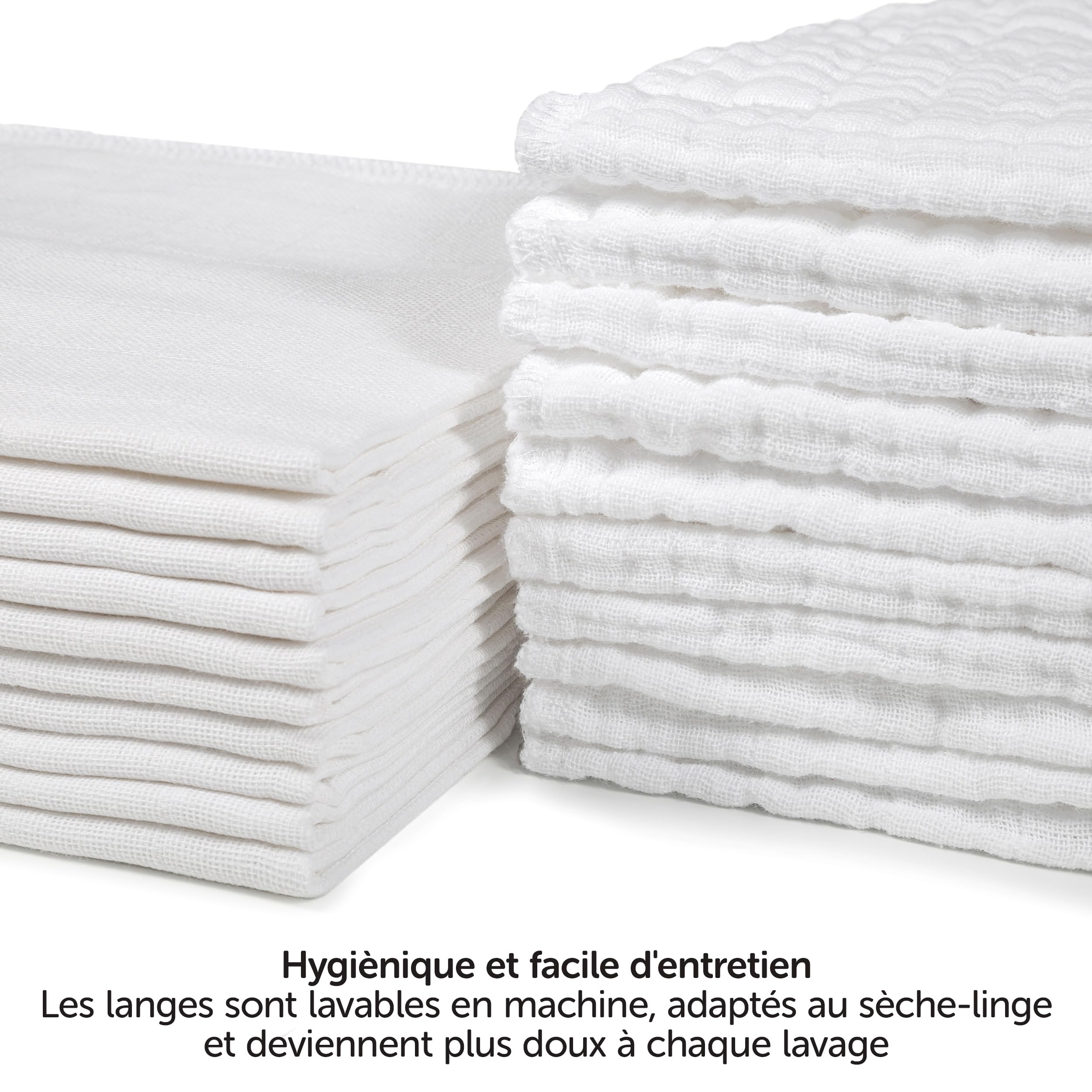 MAKIAN - Lange Bebe (Lot 10 Pièces), Débarbouillette Mousseline, 35x50 cm, 100% Coton Doux, Certifié Oeko Standard - Quatre Epaisseurs, Résistante - Blanc