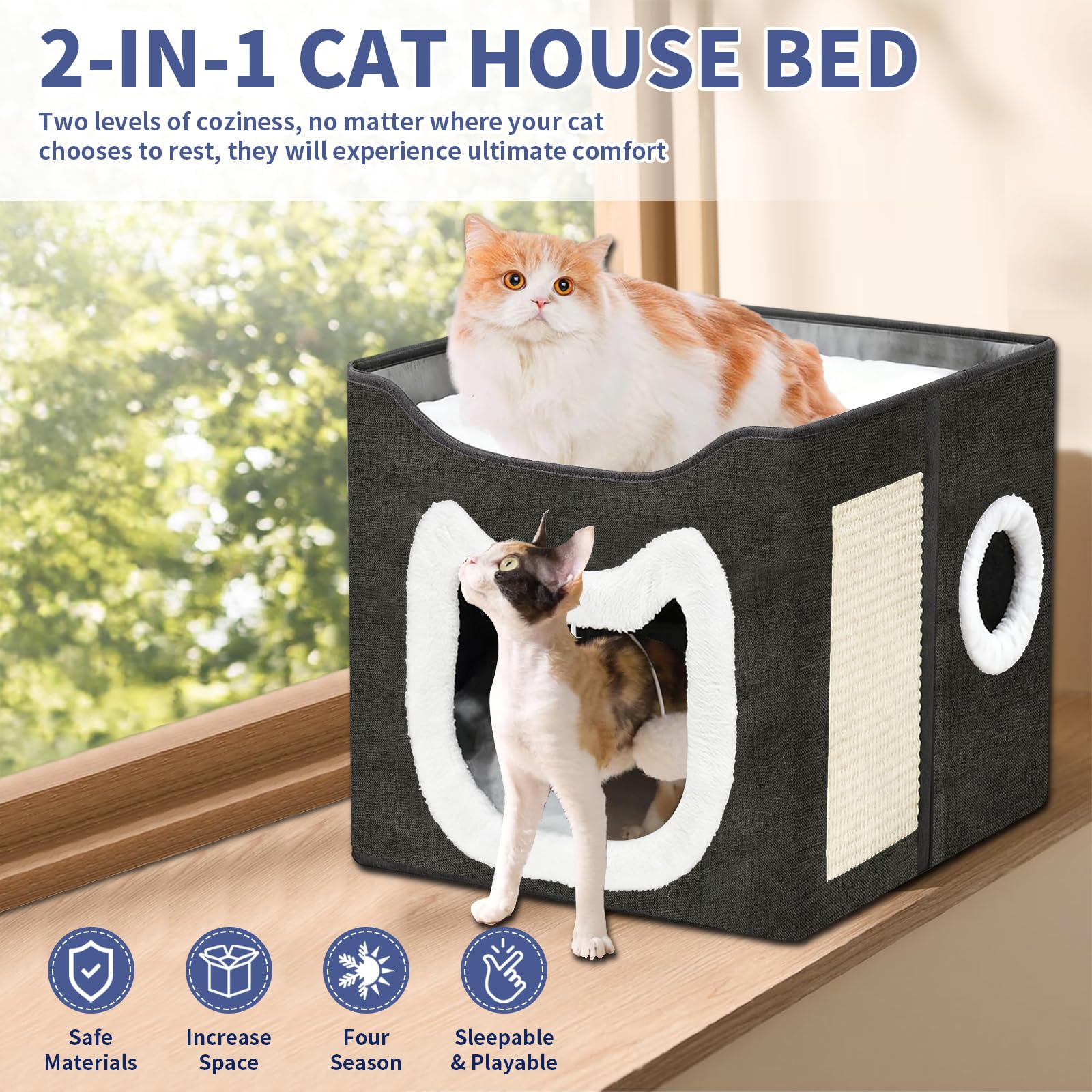 سرير للقطط في الاماكن المغلقة، كهف قطط كبير مع كرة منفوشة ووسادة خدش، منزل خدش للقطط قابل للطي مع مسكن مخبأ للقطط، 16 × 16 × 14 انش