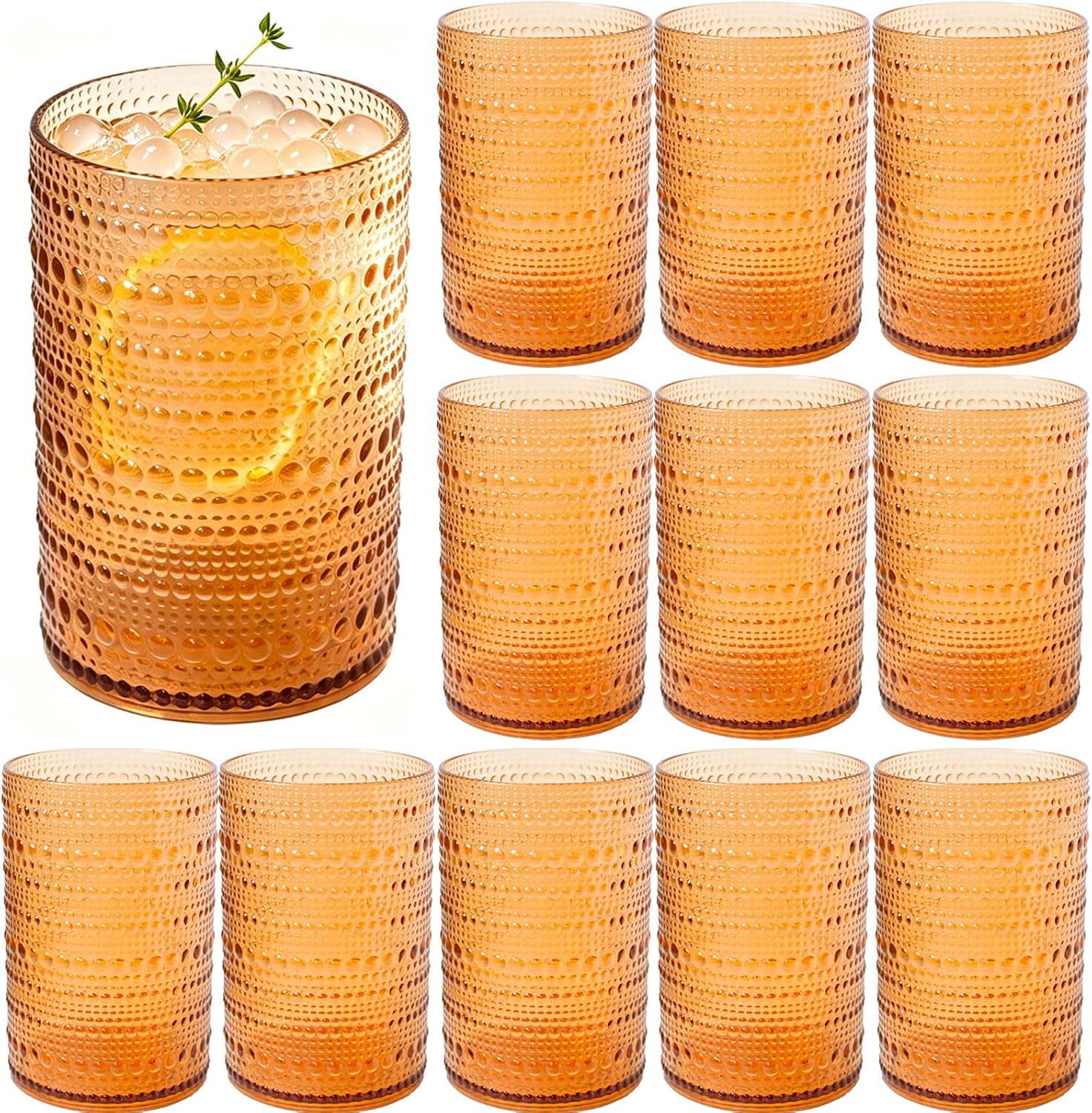12PCS Plastic Hobnail Beaded Drinking Glasses, 16 oz Plastic Vintage Highball Glasses Set Romantic Water Glasses Tumbler, Water Cups, Reusable Embossed Drinking Cups for Beer, Juice, Cocktail Amber