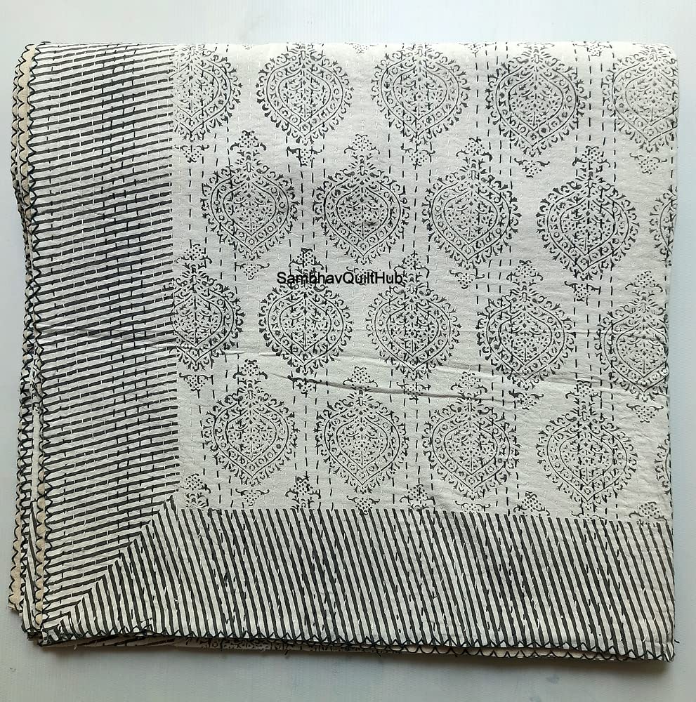 Coperta Kantha In Cotone Stampa Indaco - Trapuntata A Mano - 274x274 Cm - Copriletto Boemia Per Letto King Size