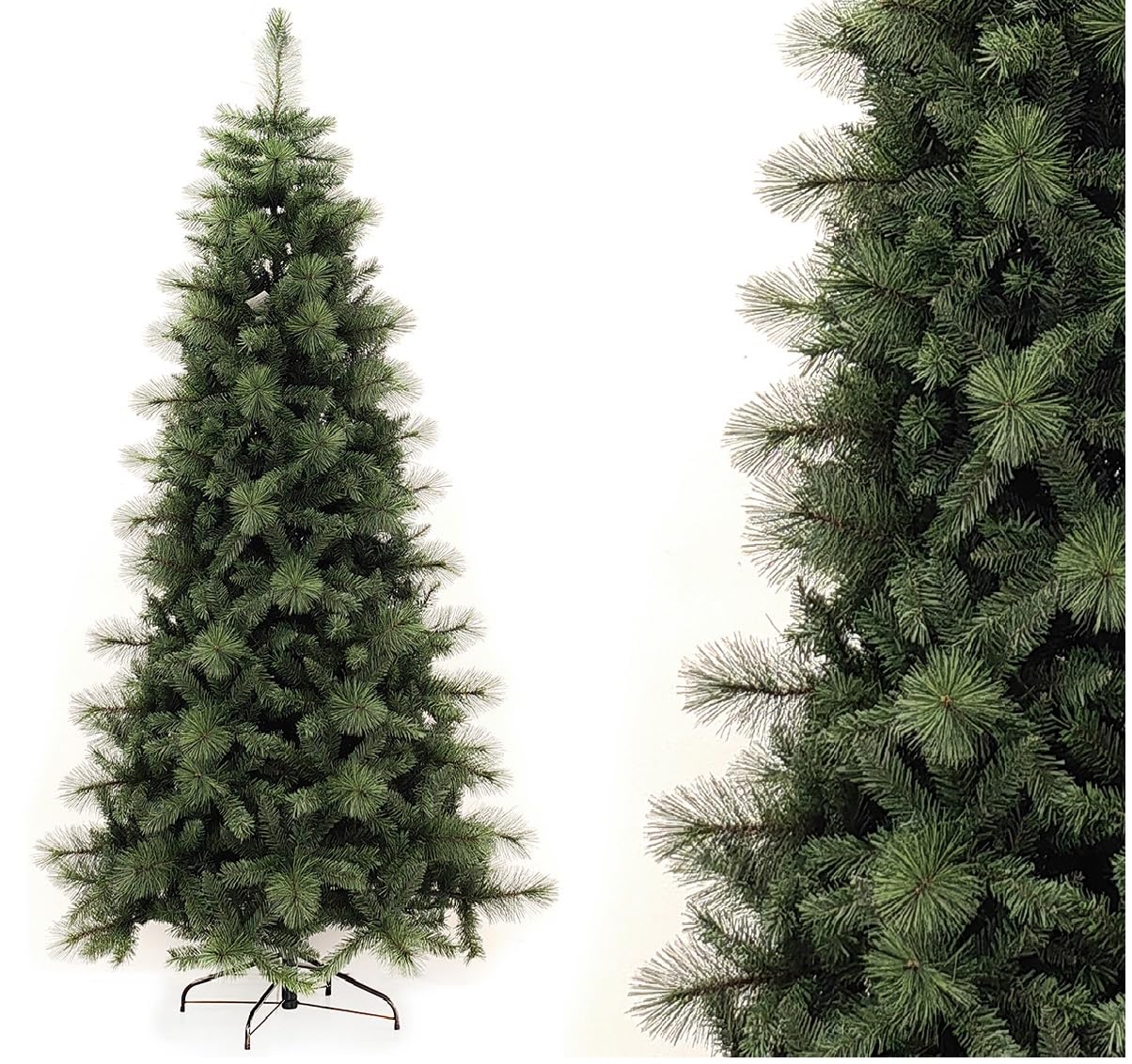 Albero di natale cm 180 slim verde pino artificiale apertura ad ombrello stretto D95 folto pieno salvaspazio ignifugo