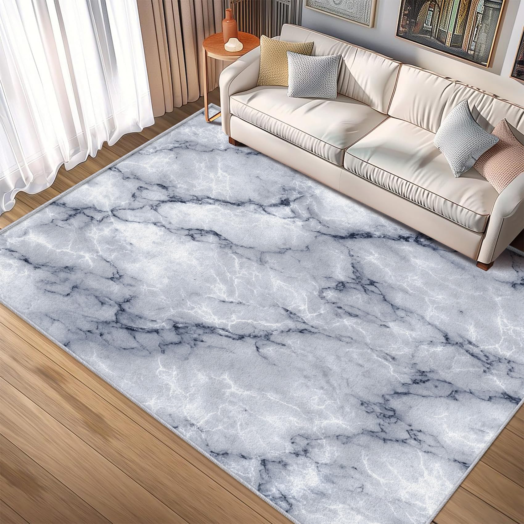 Tapis moderne lavable en machine marbre texturé doux pour salon