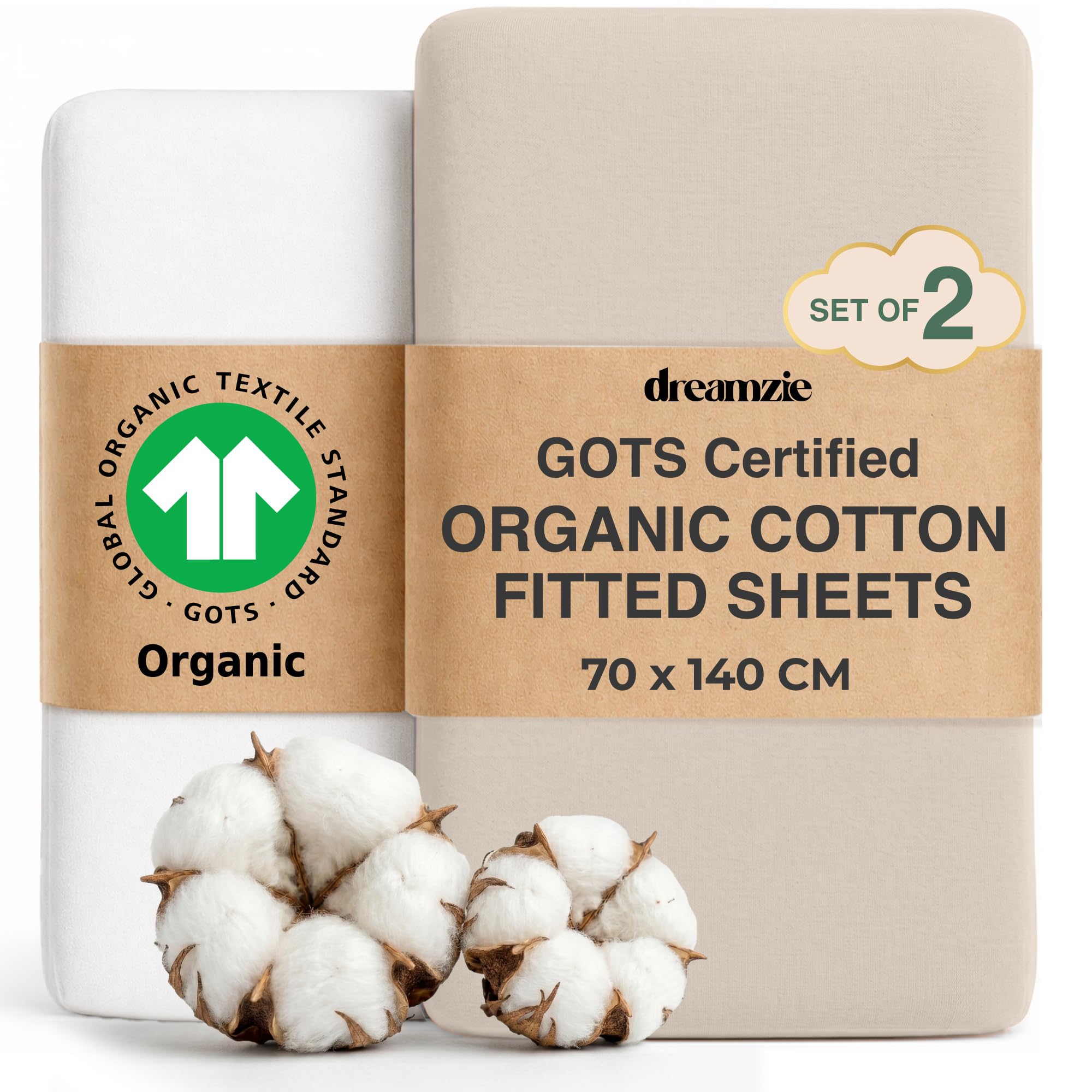 Dreamzie - Cot Bed Sheets - 100% Organic Cotton - 140 x 70 cm - Set of 2