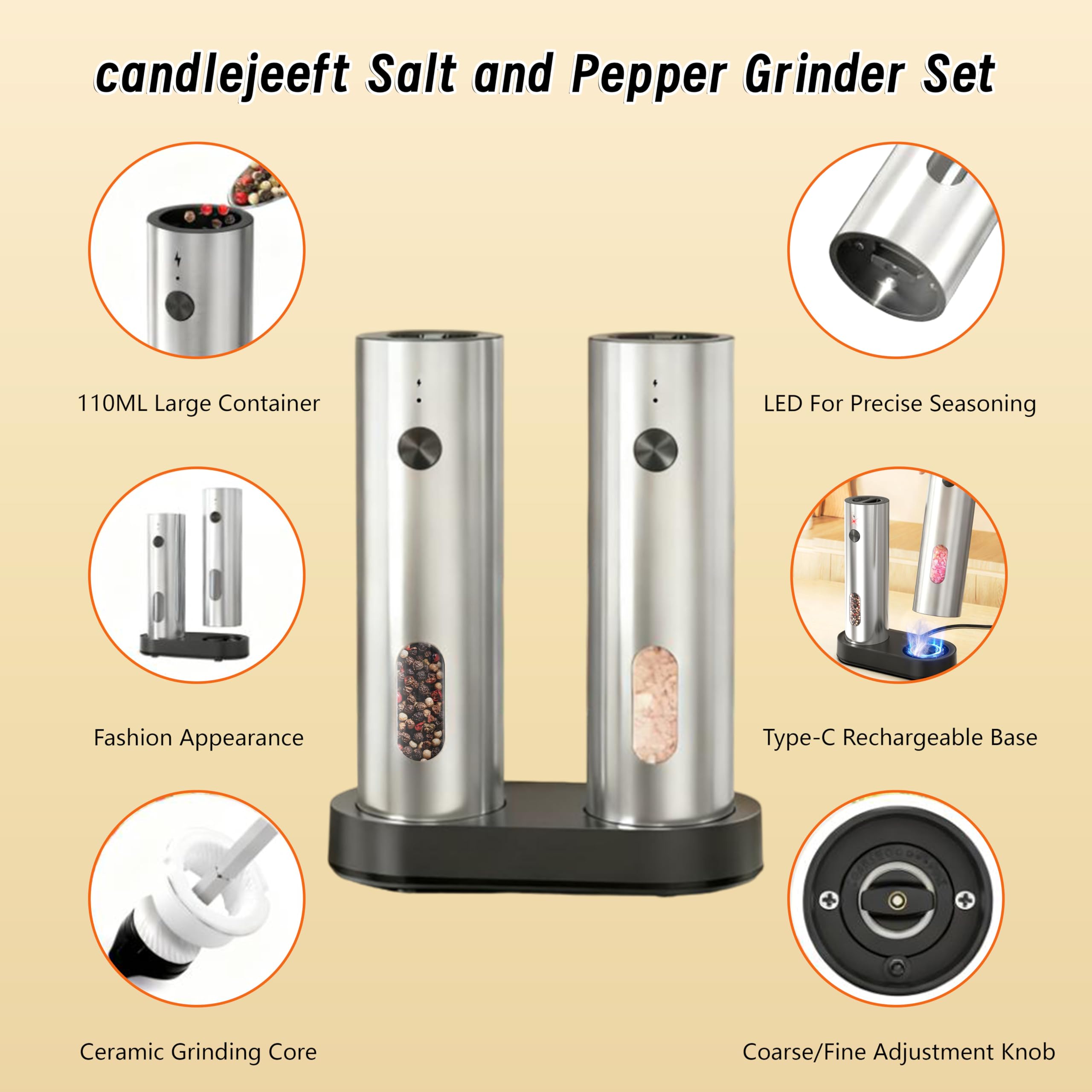 Salz- und Pfeffermühlen-Set, elektrisch, wiederaufladbar, einstellbare Grobheit (Edelstahl + Stil A)