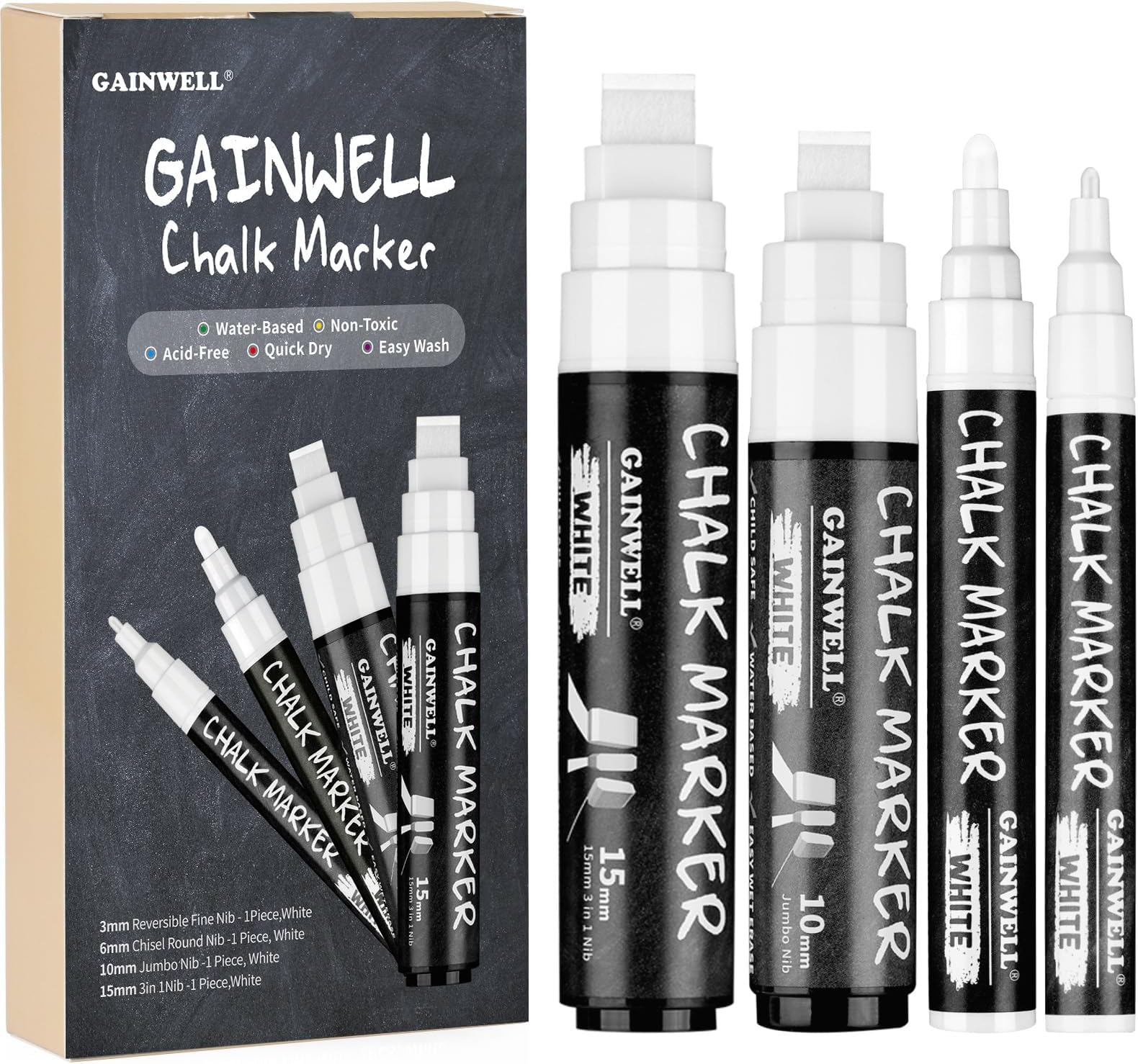GAINWELL 4 Pack White Chalk Markers - Reversible Jumbo and Fine Tips - 3mm, 6mm, 10mm, 15mm - Use on Chalkboard, Whiteboard, Glass