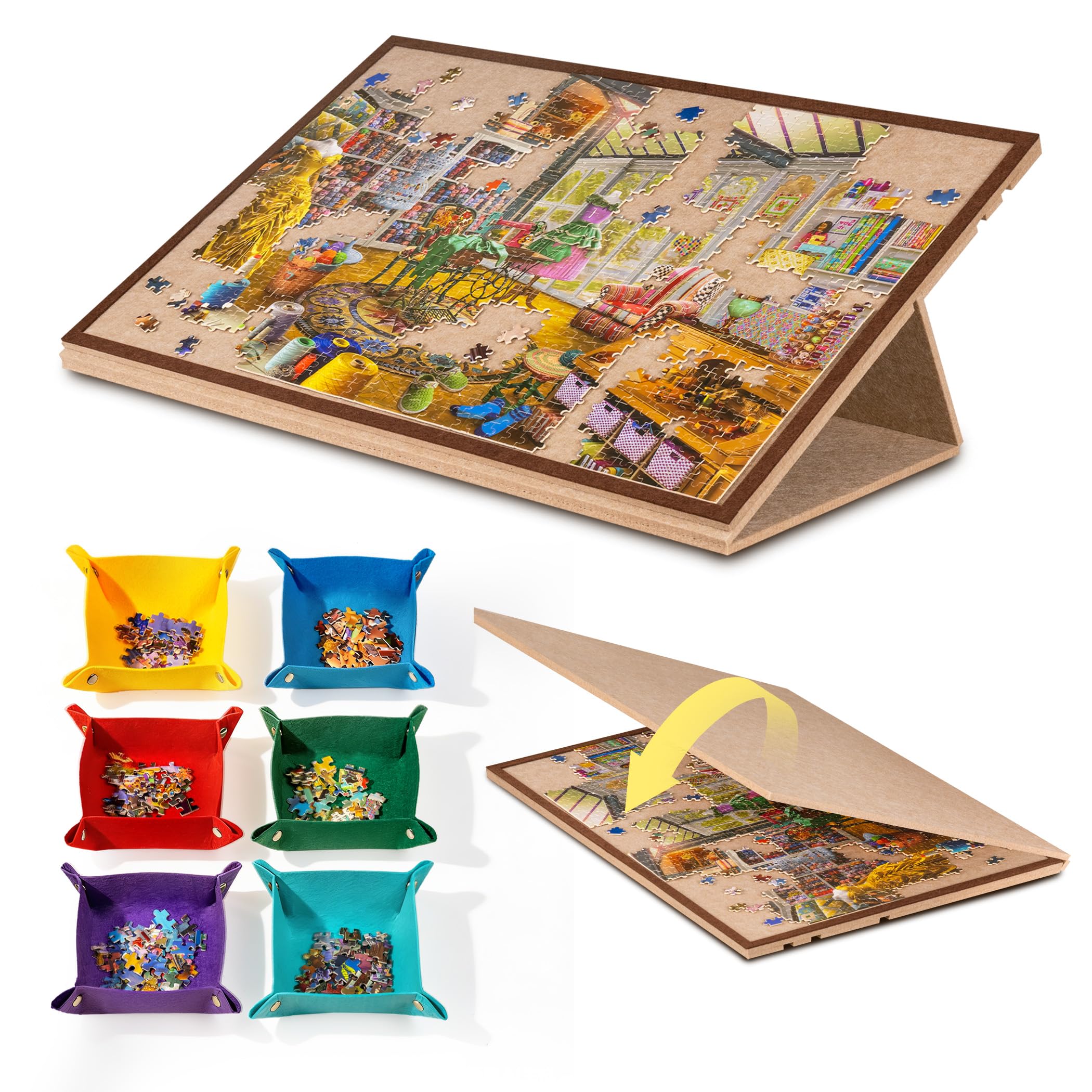 Jigpal Tilting Jigsaw Puzzle Board with 2-in-1 Stand and Cover, Lightweight Felt Jigsaw Storage Table with 3 Angle Adjustable, 6 Sorting Trays for Puzzle Games Up to 1000 Pieces (Khaki)