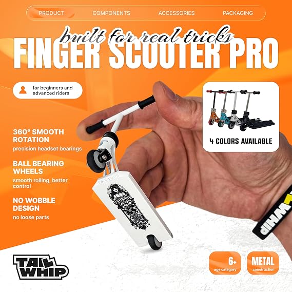 TAILWHIP PRO Finger Scooter with Ball Bearings No Wobble Design, Smooth Ride, Customizable Deck Stickers, Durable Metal Trick Scooter for Kids & Adults, White