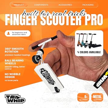 TAILWHIP PRO Finger Scooter with Ball Bearings No Wobble Design, Smooth Ride, Customizable Deck Stickers, Durable Metal Trick Scooter for Kids & Adults, White