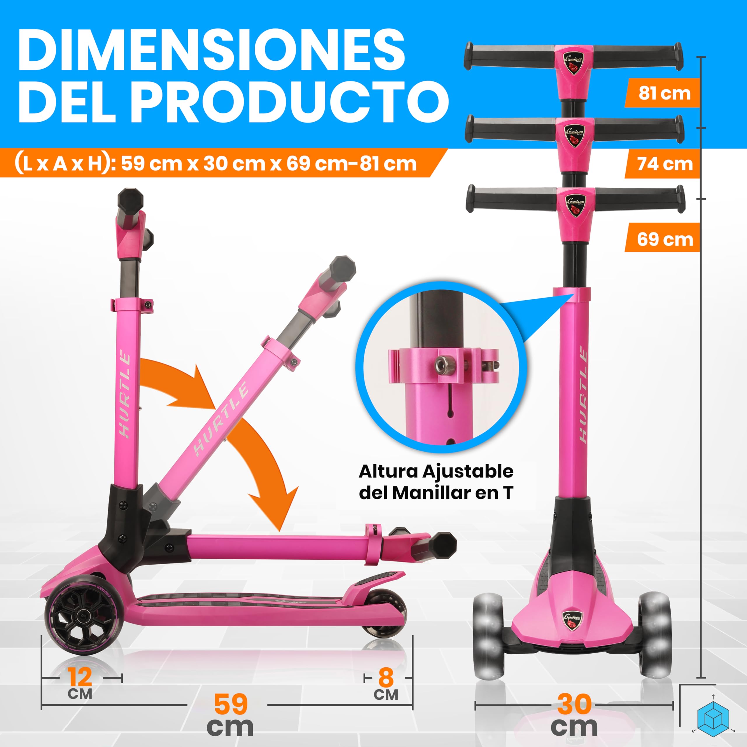 Hurtle Patinete niños 3 Ruedas, Juguetes, 3 años en adelante, Altura Ajustable, Interiores, Exteriores, Luces Intermitentes