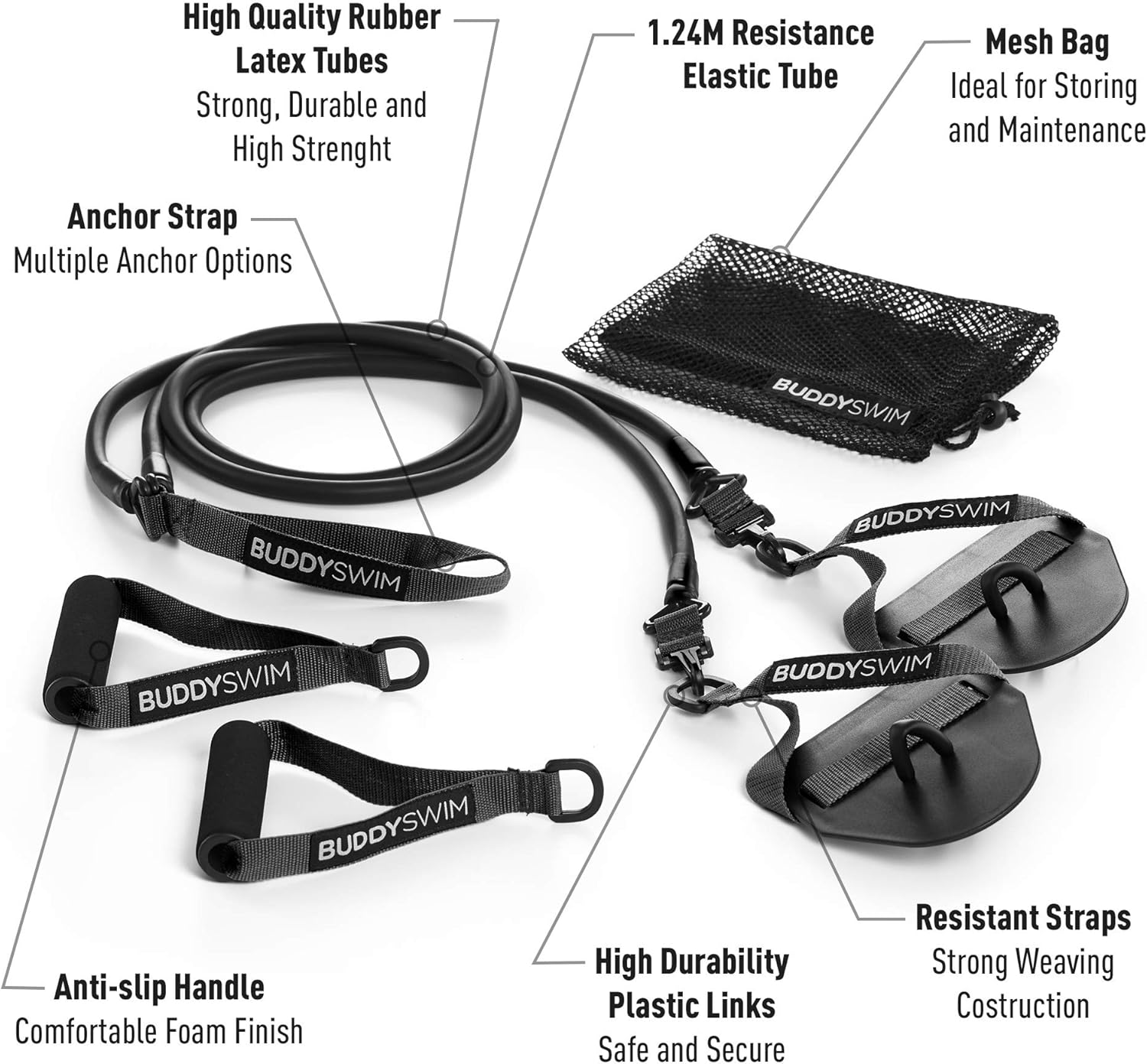 BUDDYSWIM Super Stroke Dryland Cords with Paddles and Handles. Elastic