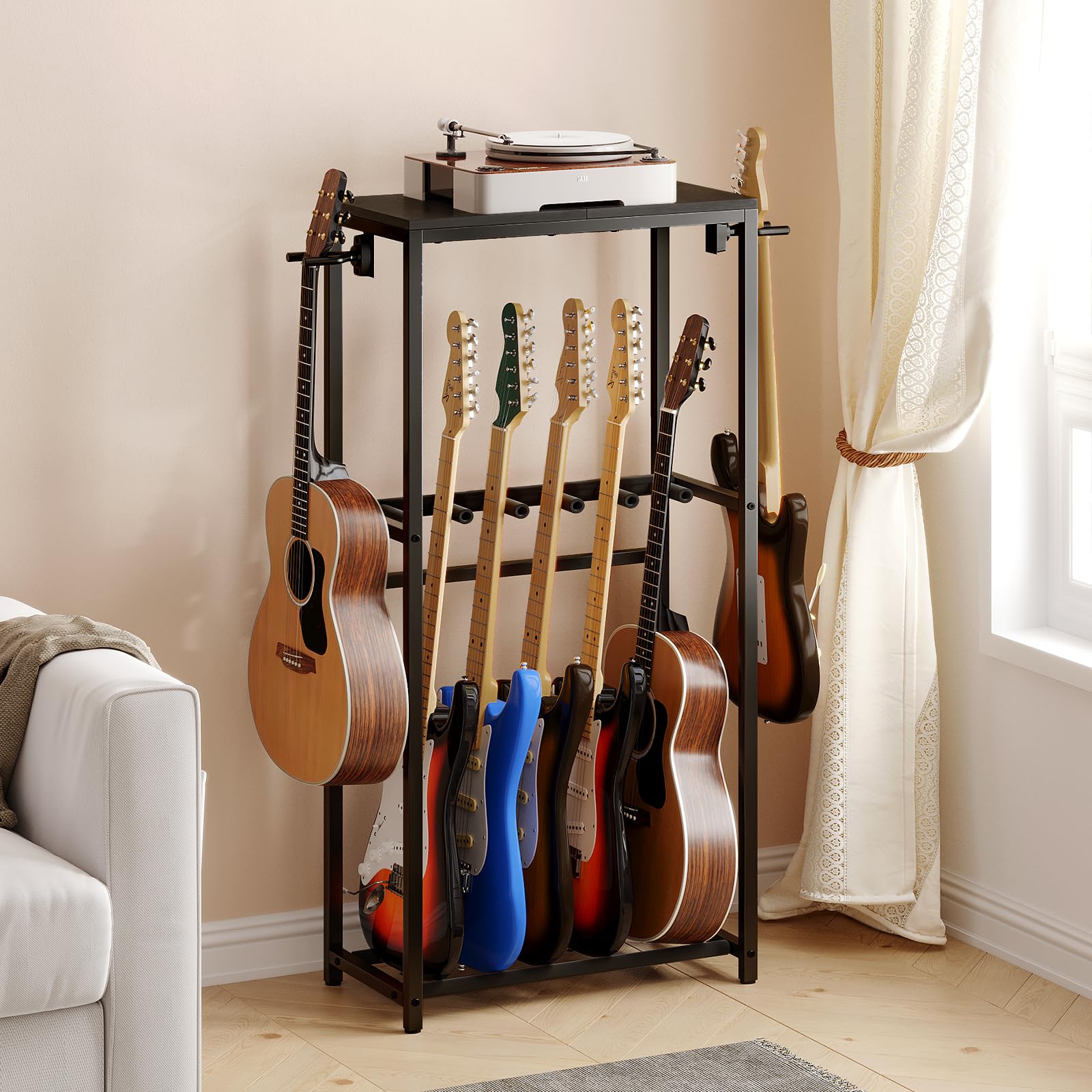 MAHANCRIS Support de Guitare, Stand Guitare à 2 Niveaux pour 5 Guitares, Idéal pour Entreposer Guitare Acoustique, électrique, Basse, Ukulélé, Tourne-Disque, Enveloppé de Mousse EVA, Noir AGSHB6501