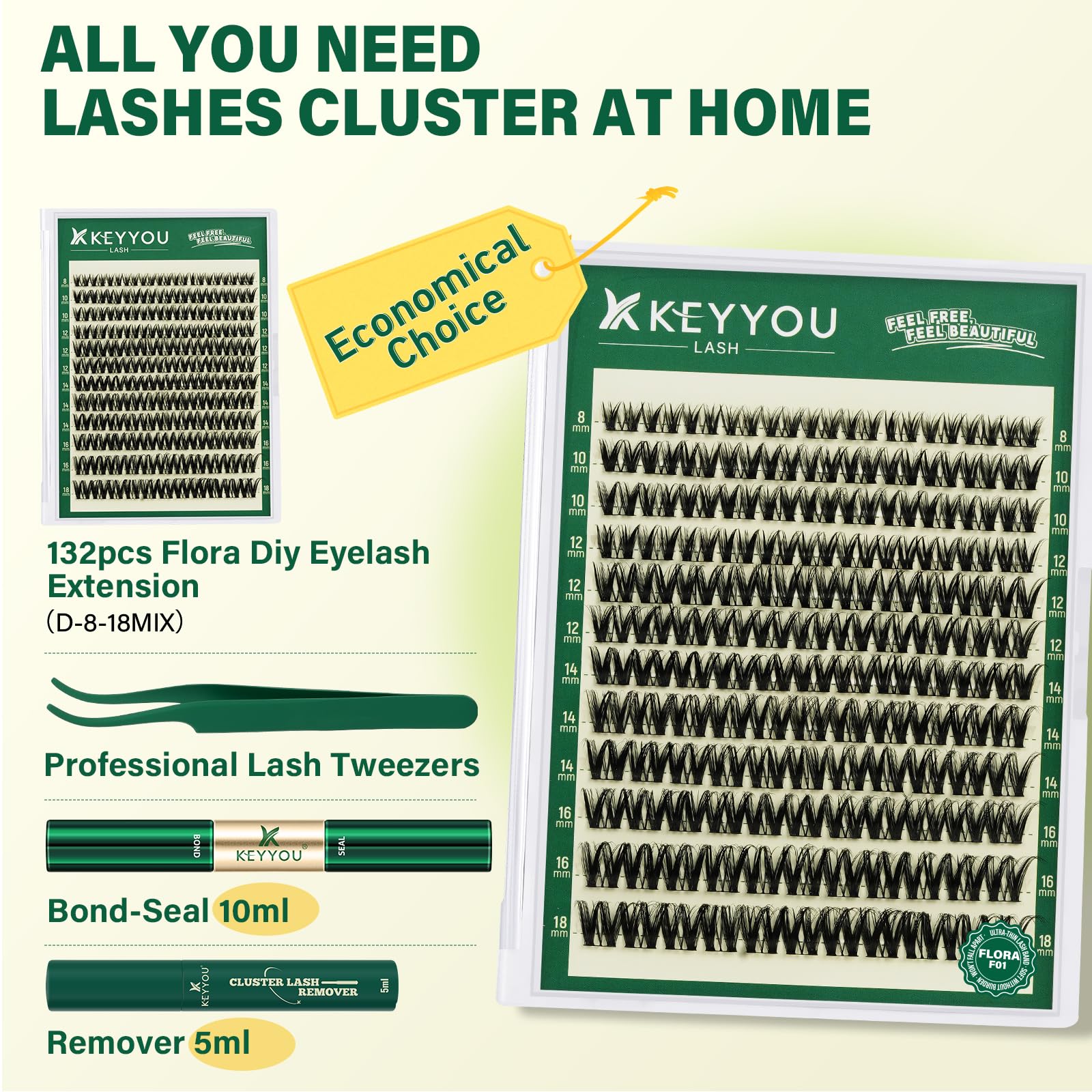KEYYOU Set di extension per ciglia a D ricciolo volume, 8 – 16 mm, set da 132 arricciacapelli per ciglia con adesivo e tweezers Wispy Lash Clusters Kit (F01)