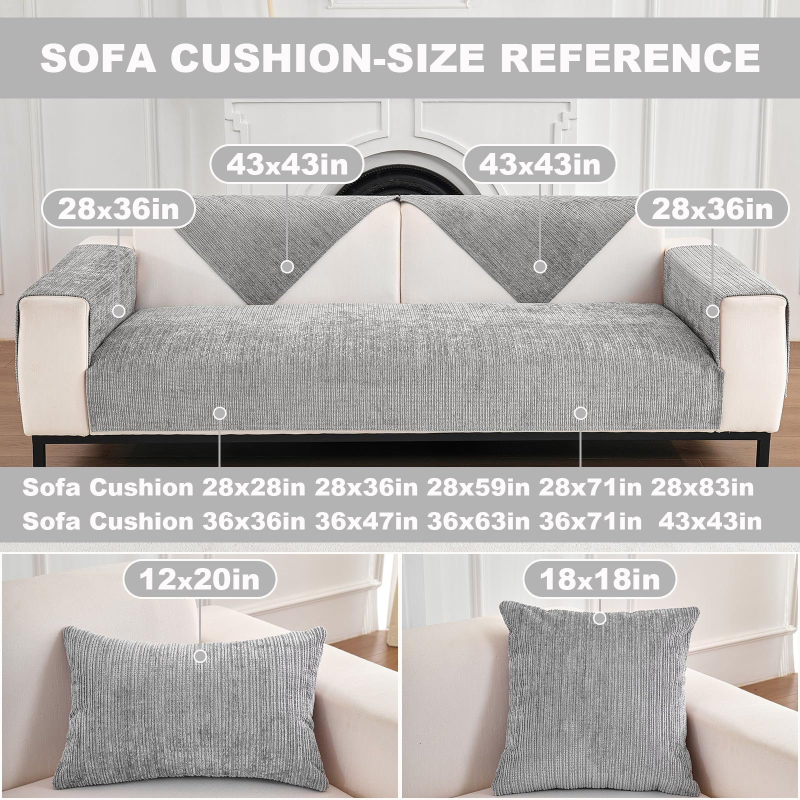 Topchances Chenille Sofa Cover 1 2 3 Seater,Washable Sofa Slipcovers Non-Slip Seat Cushions with Silicone Particles All-Seasons Apply to Dogs Cat Pet Living Room Cushions(Grey,90x160cm 1 Piece) - Image 2