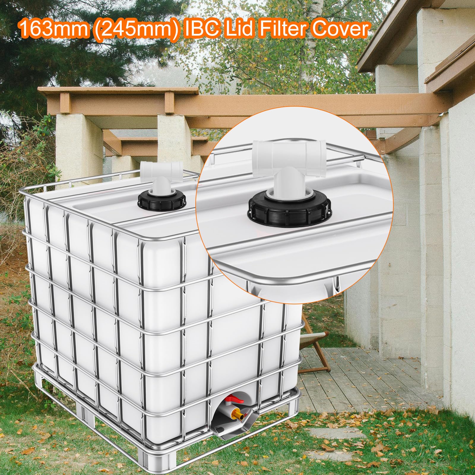 QUARKZMAN 163mm Tapa de Filtro de de IBC, Adaptador de Manguera en T para Contenedor de Tanque de Agua de Lluvia de 1000L para Tanques de Agua de 275gal, Negro/Blanco